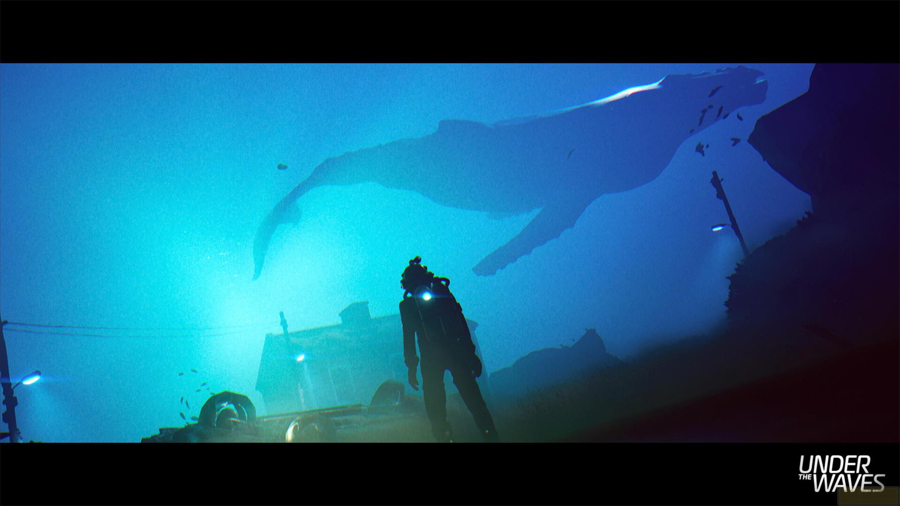 Un plongeur regarde l'ombre géante d'une baleine dans la mer bleu profond.