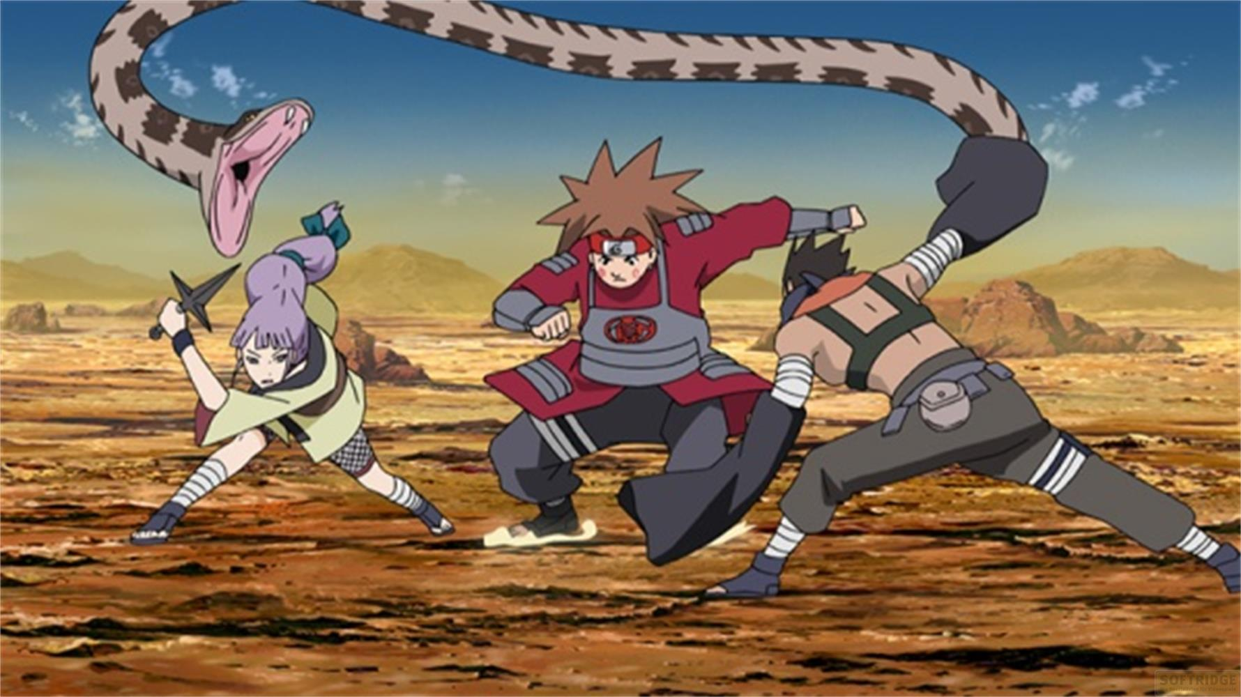 Tre personaggi anime combattono un serpente in un paesaggio desertico.