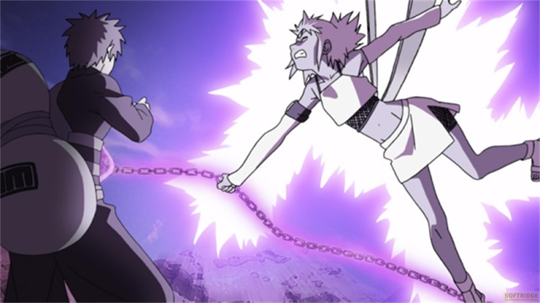 Due personaggi combattono con una catena di energia viola contro un cielo viola.