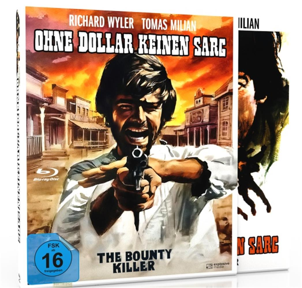Copertina di un film western con un uomo che tiene una pistola davanti a una città.