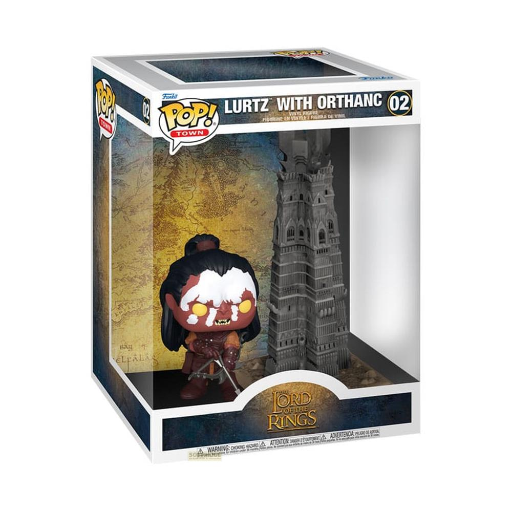 Action figure Funko Pop di Lurtz con Orthanc dal Signore degli Anelli.