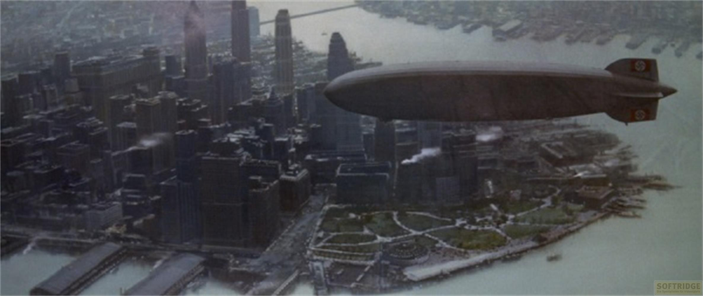 Uno zeppelin vola su una città con alti edifici e un fiume.