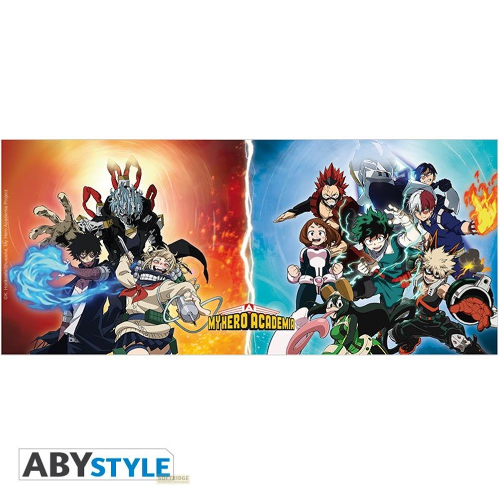 Personajes de anime luchan contra un telón de fondo de fuego y hielo.