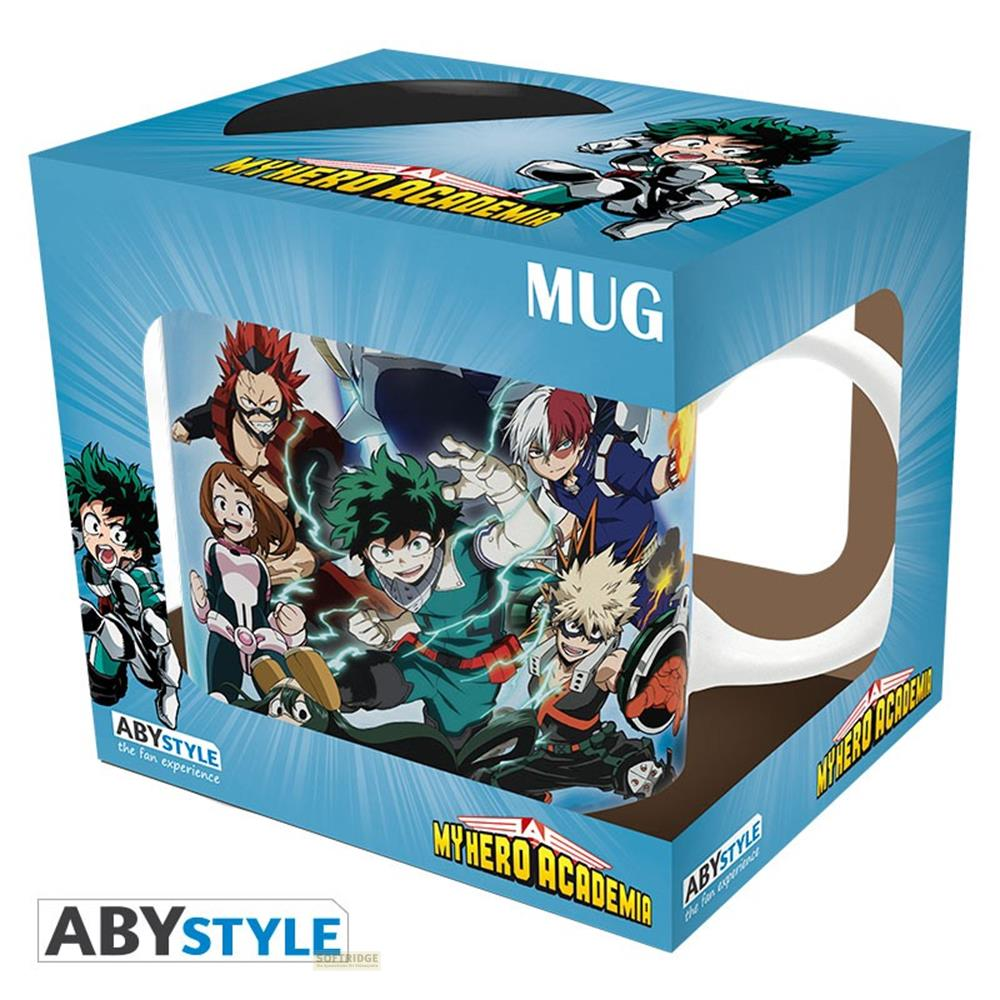 La caja de tazas de "My Hero Academia" muestra personajes de anime, incluyendo Deku y Todoroki.