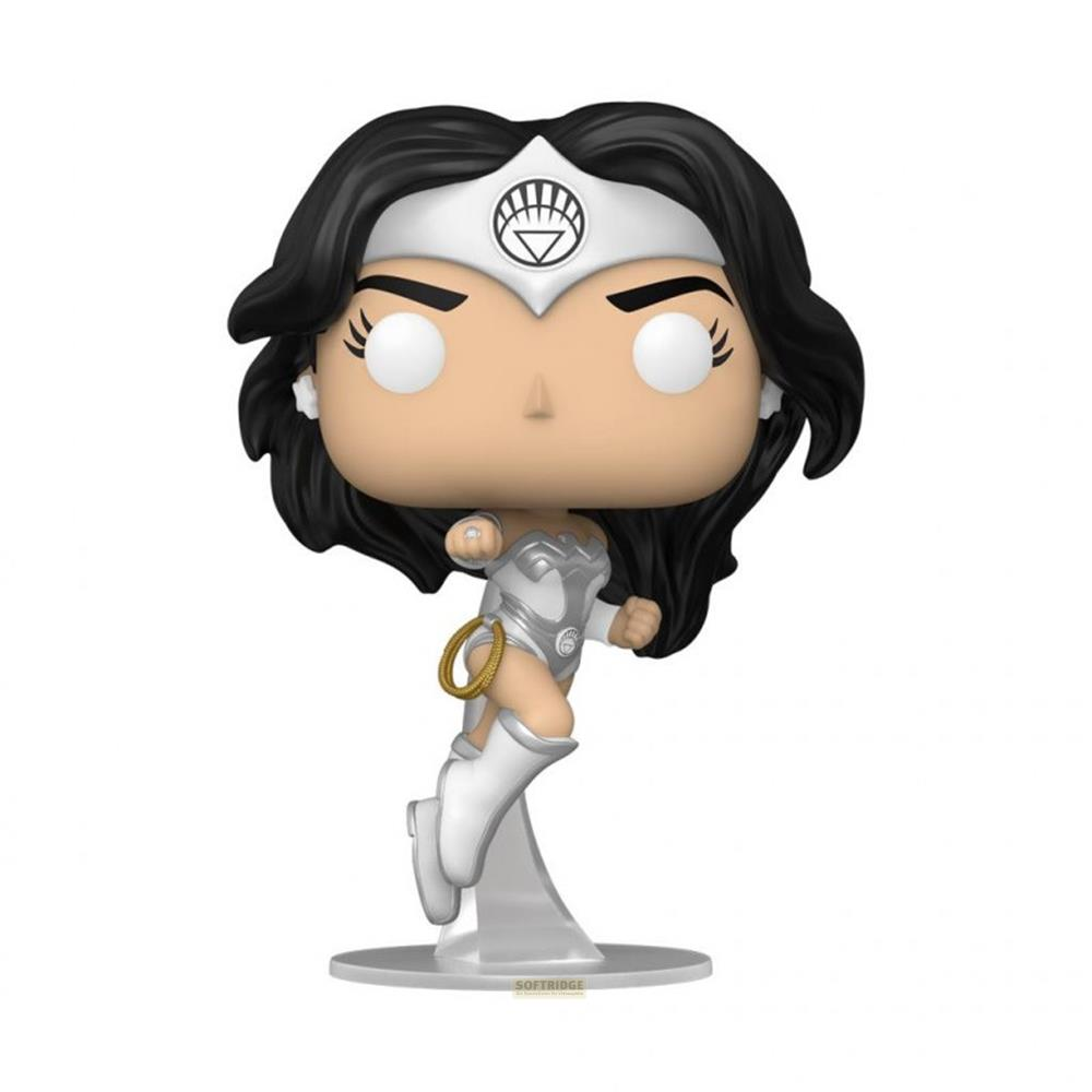 Una figura Funko Pop de Wonder Woman con armadura plateada y pelo negro.