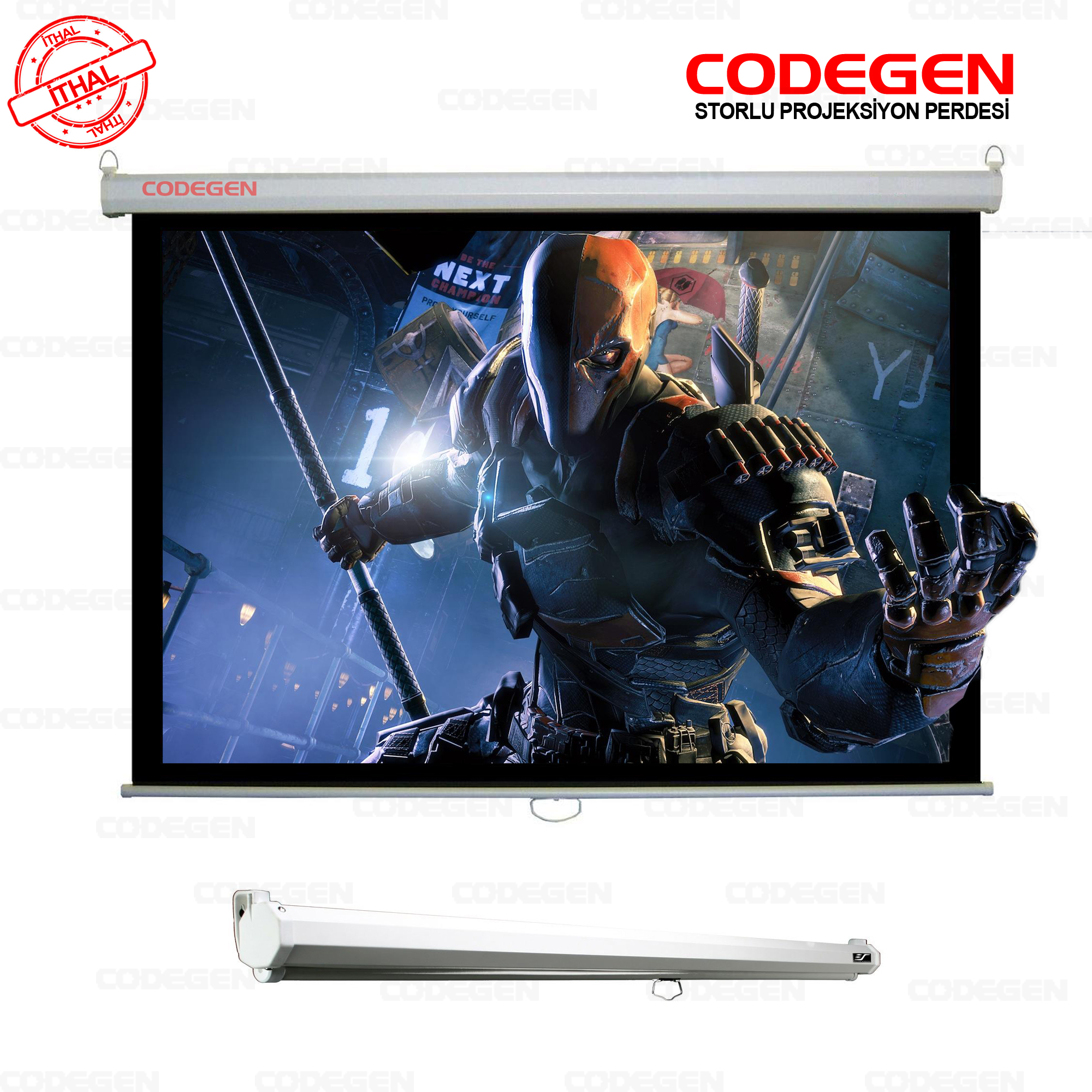 CODEGEN FAX-30 300x225 CM Storlu Manuel Fiber Glass  Arkası Siyah Fonlu Projeksiyon Perdesi