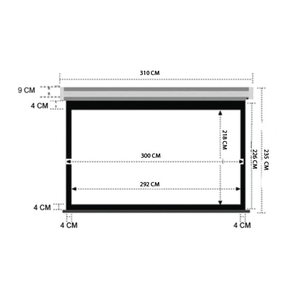 Boyutları olan bir projeksiyon perdesinin teknik çizimi.