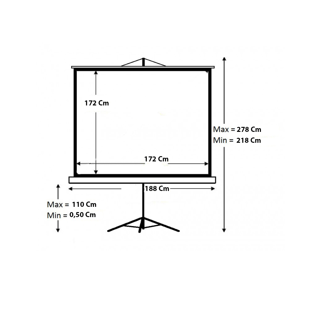 Projeksiyon perdesi boyutları: 172x172cm, yükseklik 218-278cm, genişlik 188cm.