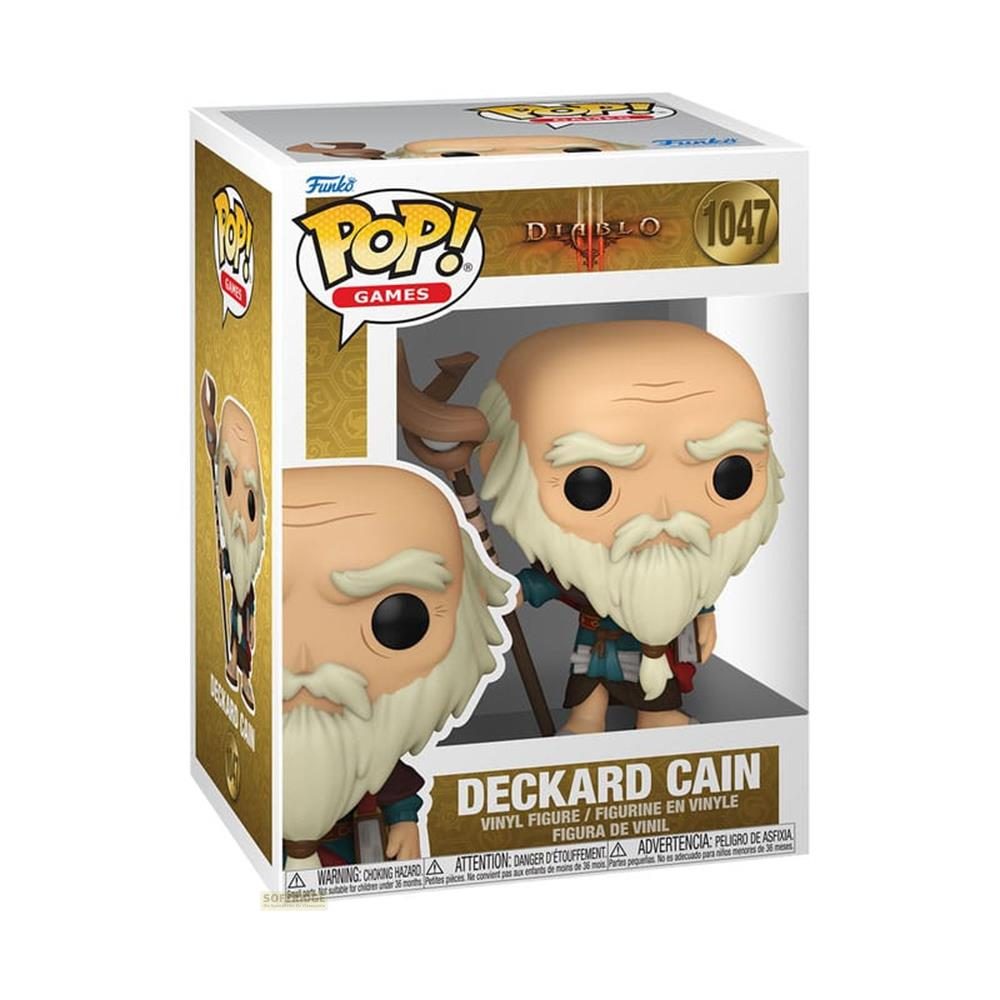 Figura de vinilo Funko Pop! de Deckard Cain de Diablo con bastón, en caja.