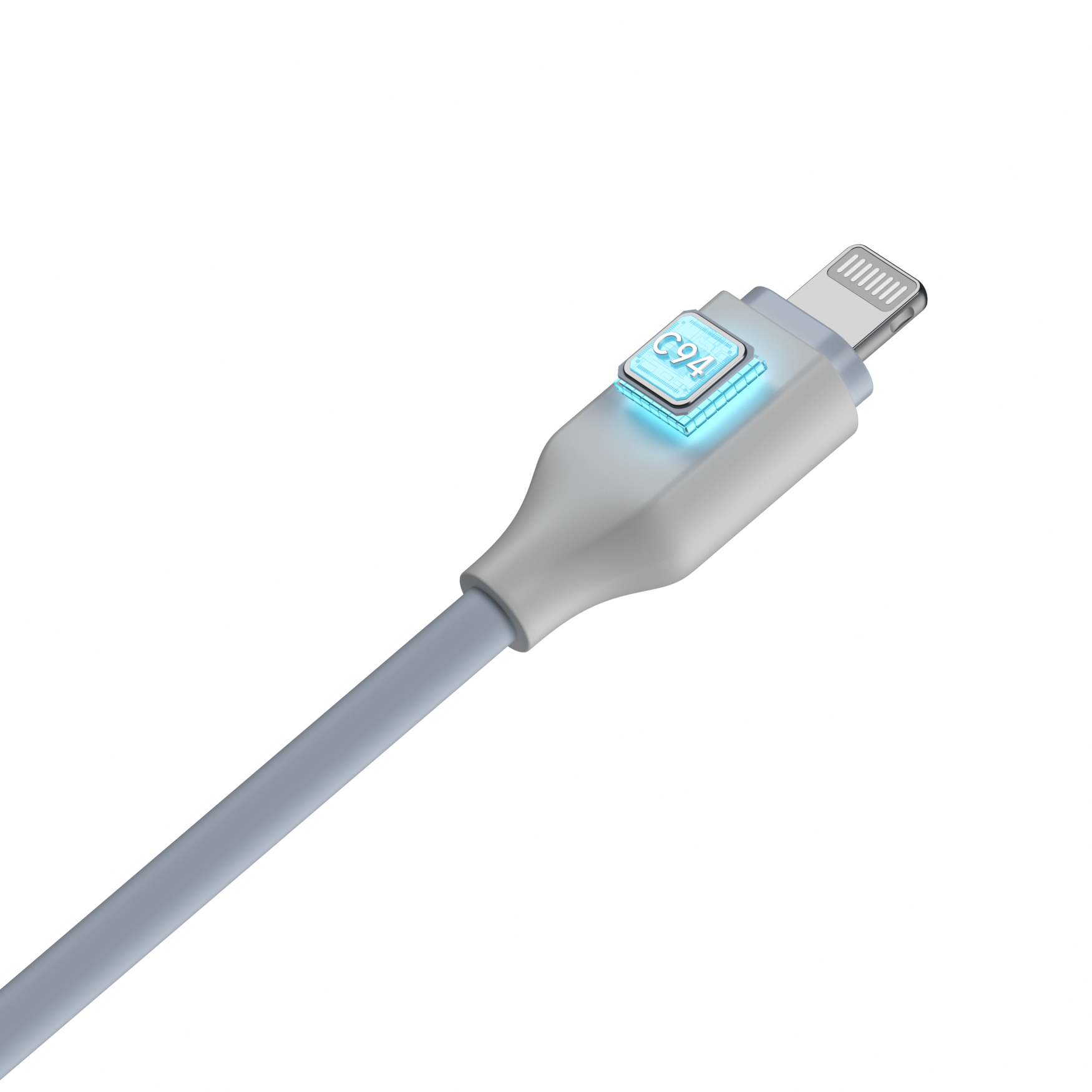 Un câble de chargement gris avec puce C94 et connecteur Lightning.
