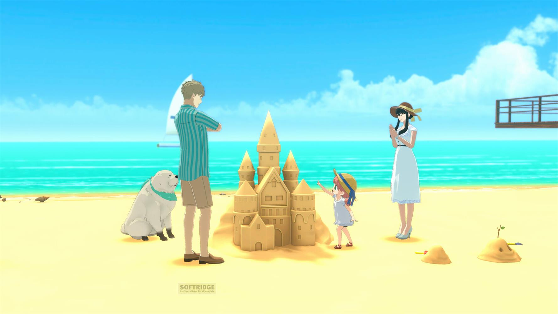 Eine Familie mit Hund baut eine Sandburg am Strand.