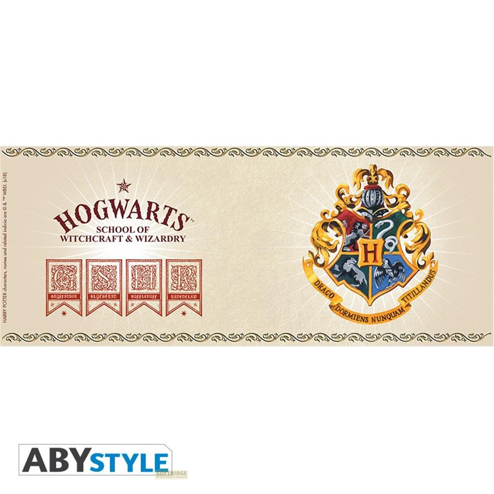 Hogwarts-Wappen mit vier Häusern und lateinischem Motto auf cremefarbenem Hintergrund.