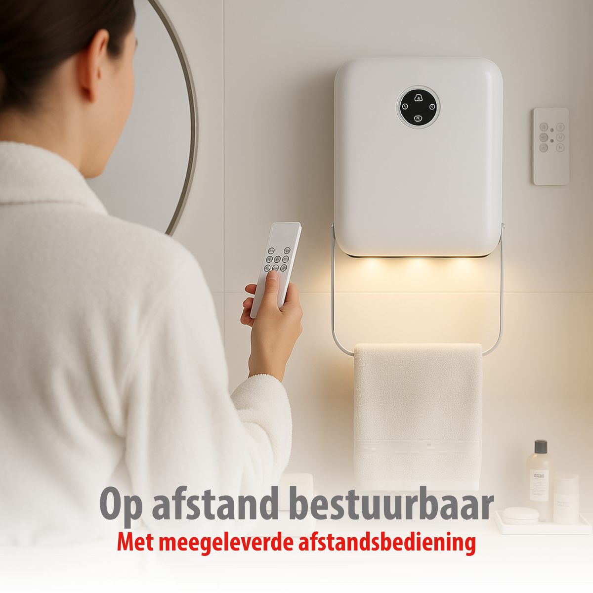 Een vrouw in badjas houdt afstandsbediening bij wit apparaat met handdoek.