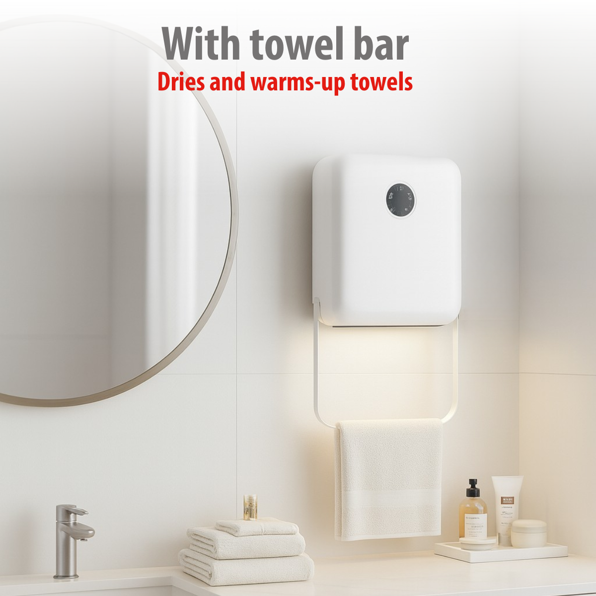 Witte handdoekwarmer met handdoek, toiletartikelen en spiegel.