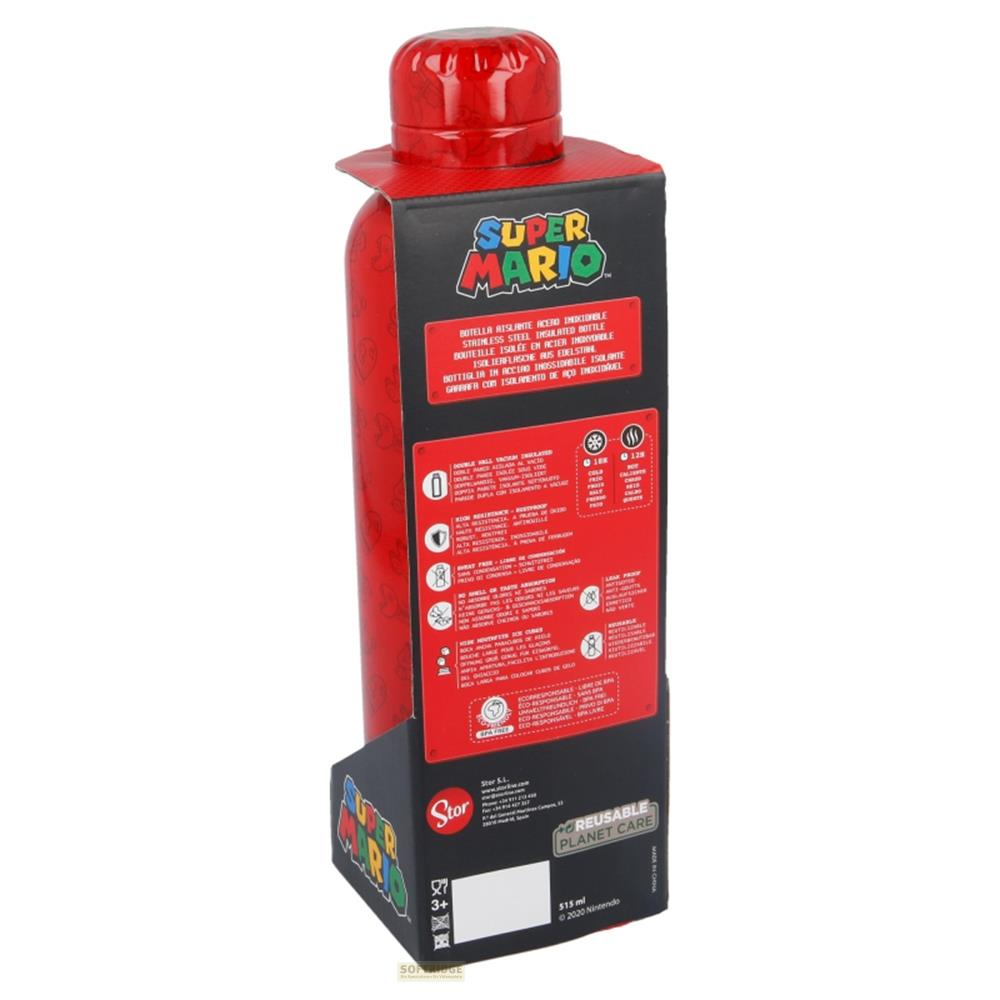 Rote Super Mario Thermoskanne aus Edelstahl mit Informationen auf dem Etikett.