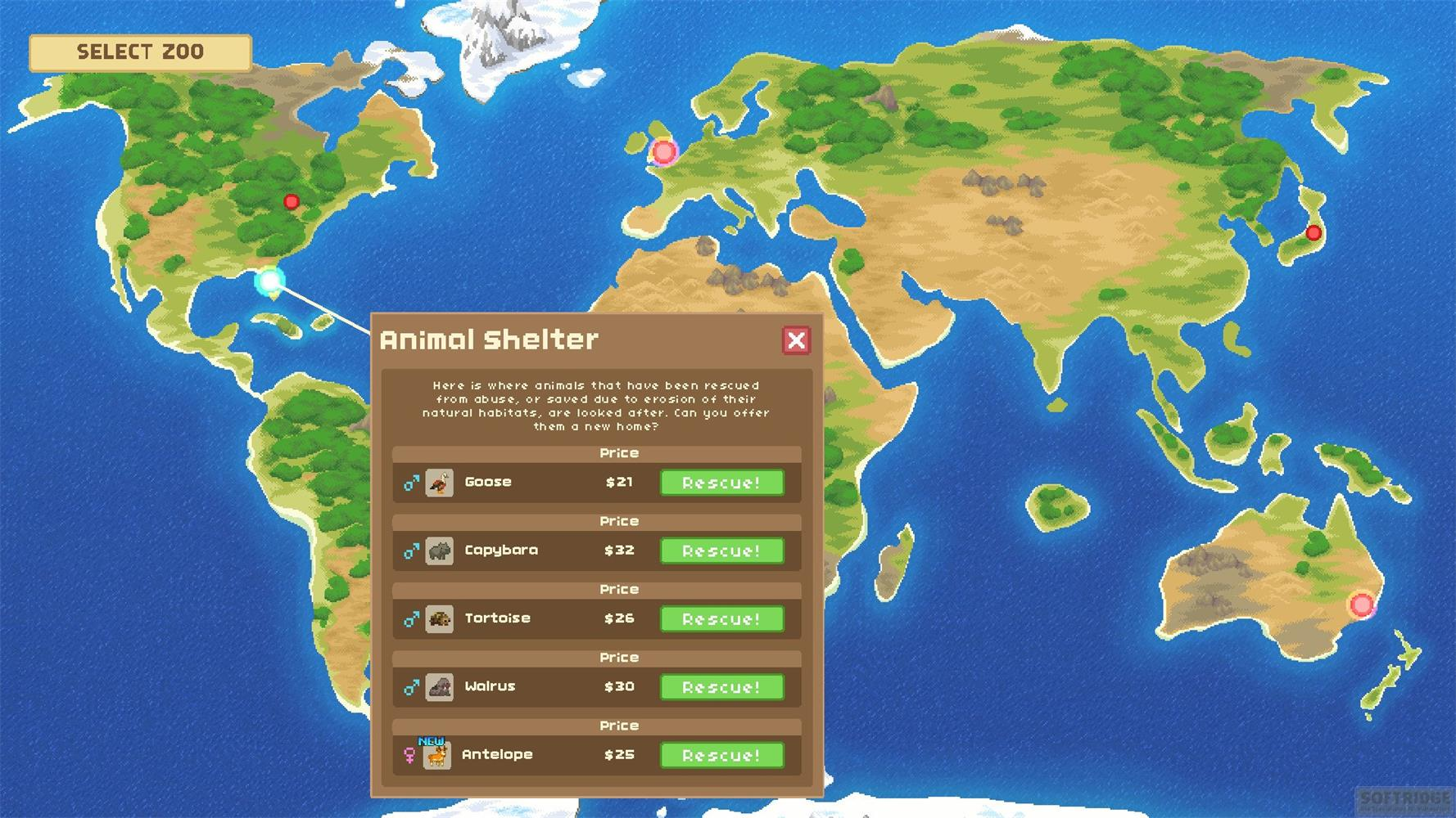 Mappa del mondo pixelata con finestra rifugio animali da salvare.