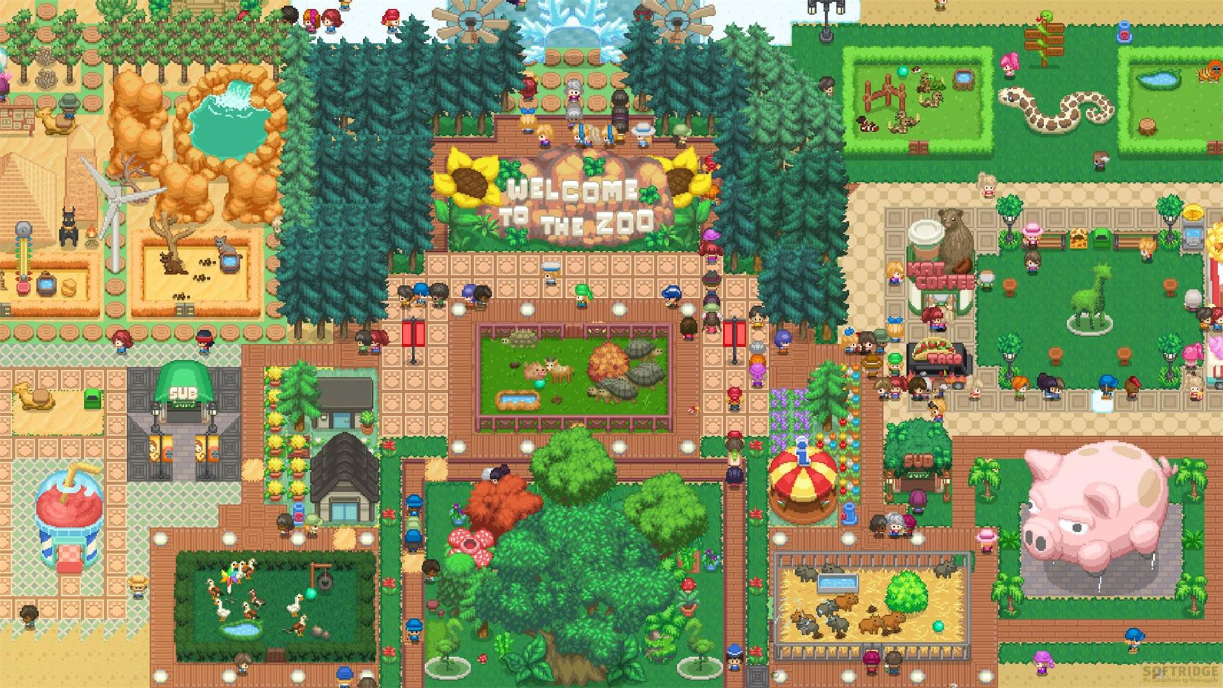 Una colorata scena di zoo in pixel art con cartelli, recinti, animali e visitatori.