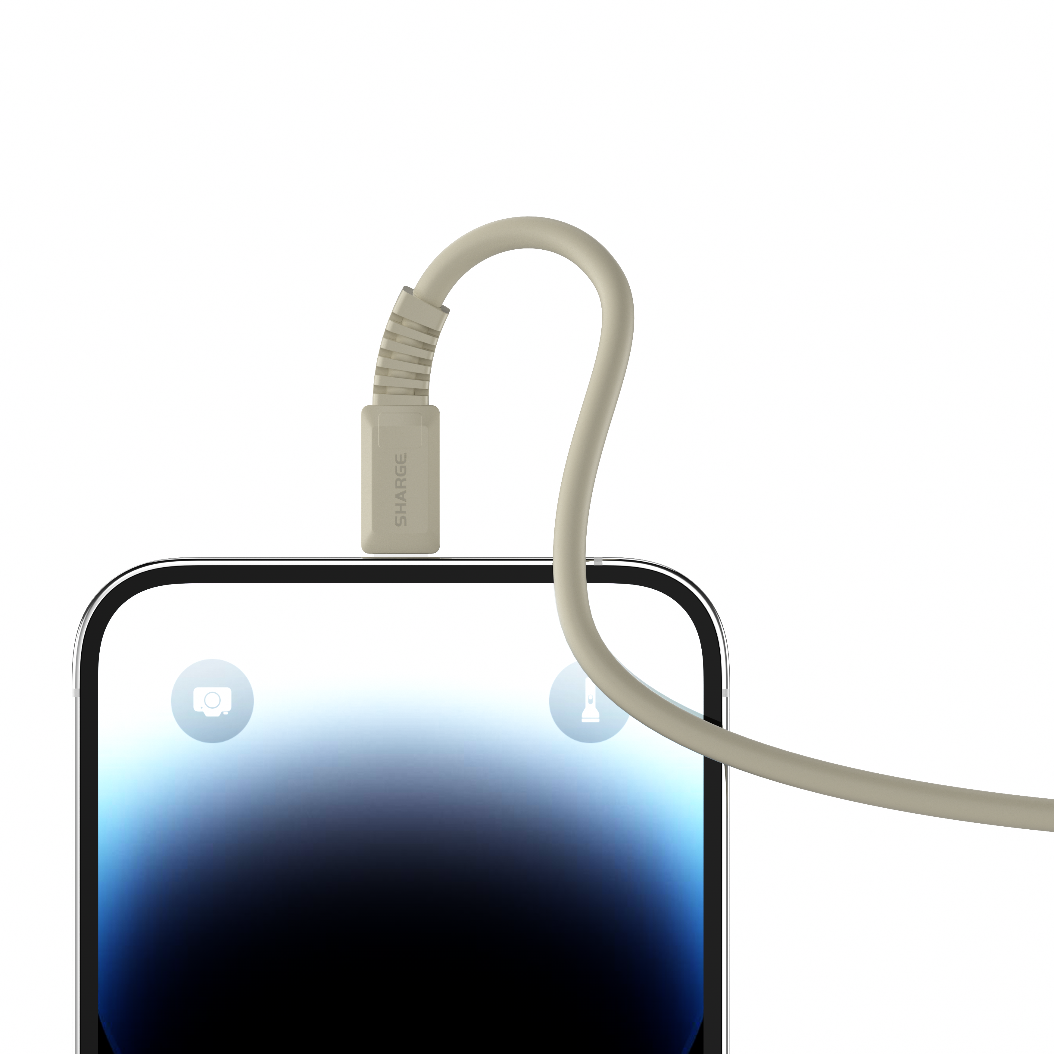 Un câble de chargement gris est connecté à un smartphone.