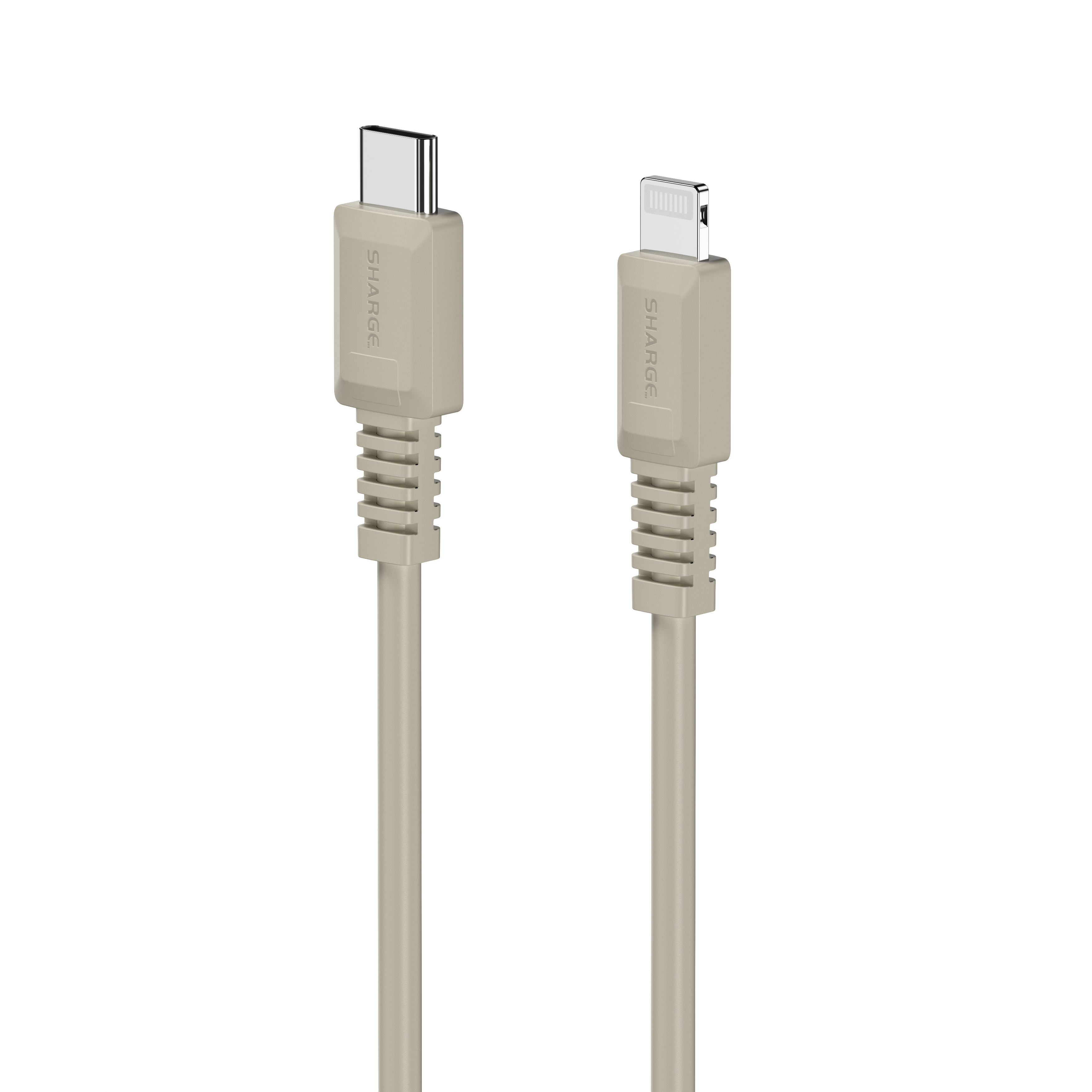 Deux câbles de chargement, un USB-C et un Lightning, sur fond blanc.