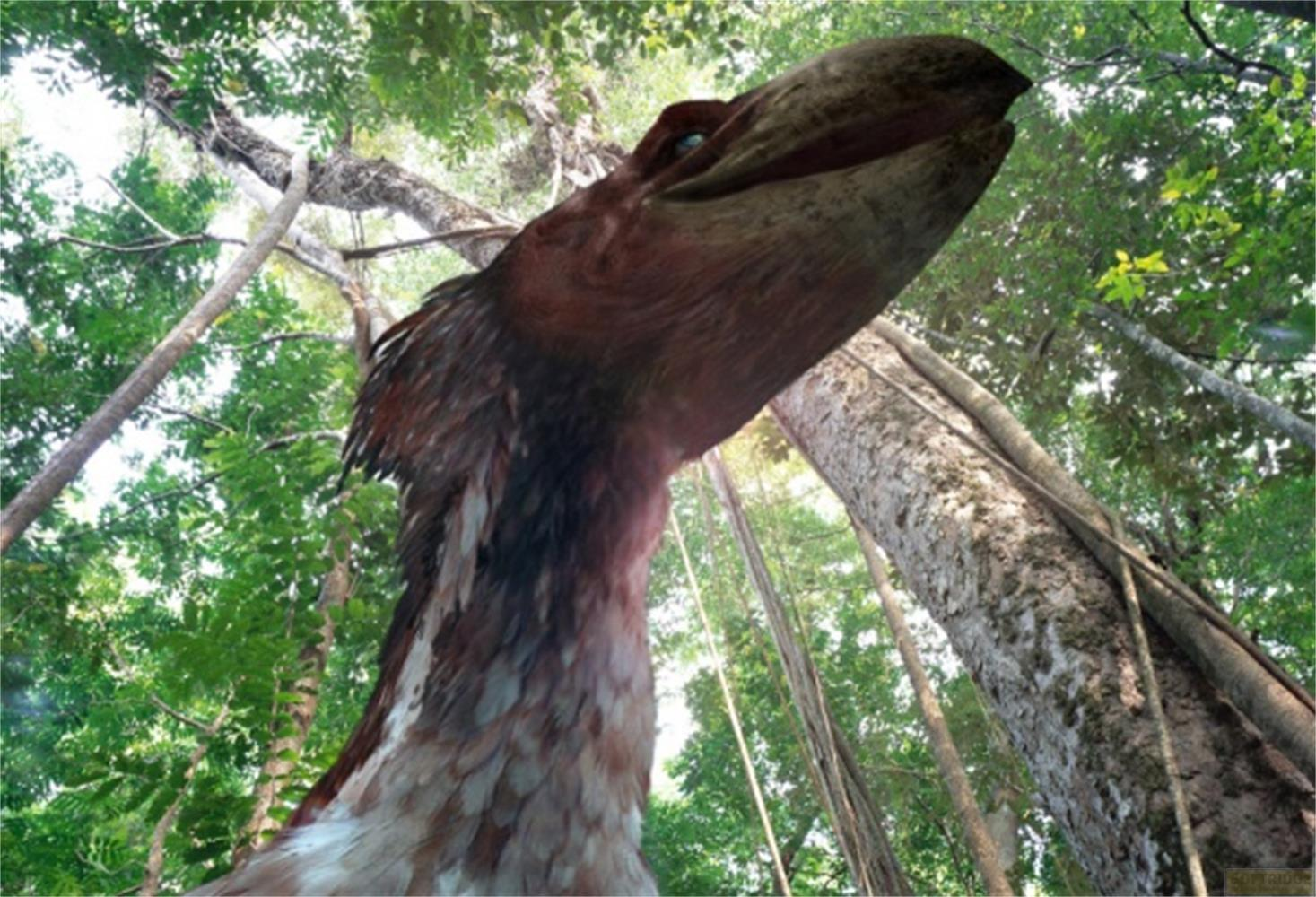 Una testa di dinosauro piumato emerge dalla fitta vegetazione della giungla, guardando in alto.