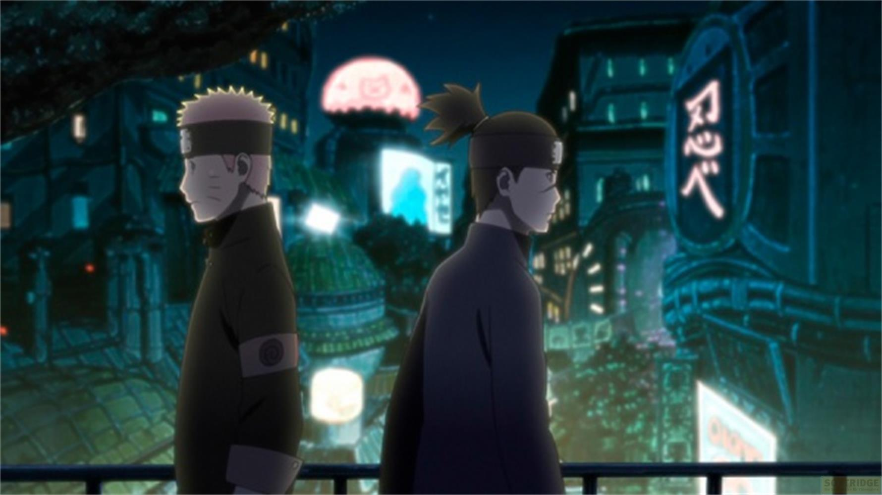 Due personaggi anime stanno in una città di notte con edifici illuminati.