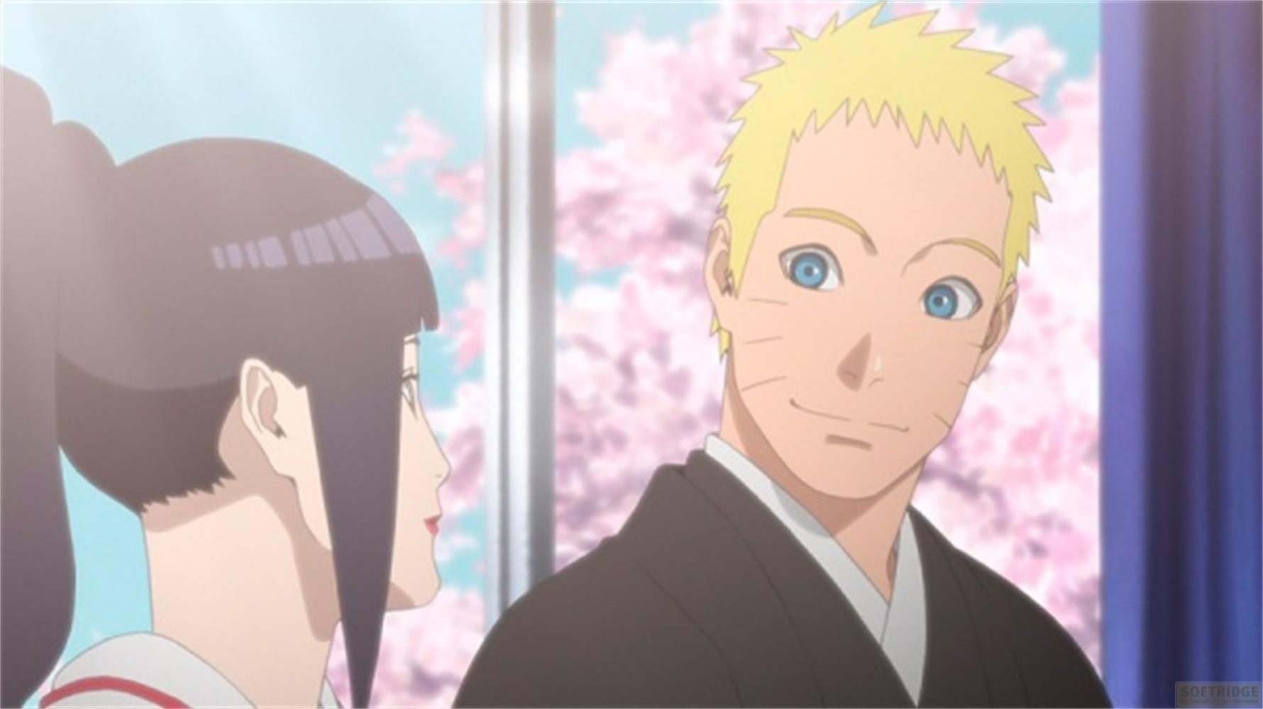 Naruto e Hinata si fronteggiano con fiori di ciliegio sullo sfondo.