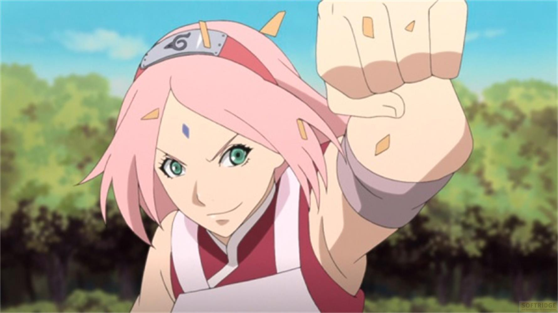 Sakura con capelli rosa e occhi verdi alza il pugno. Indossa un gilet rosso.
