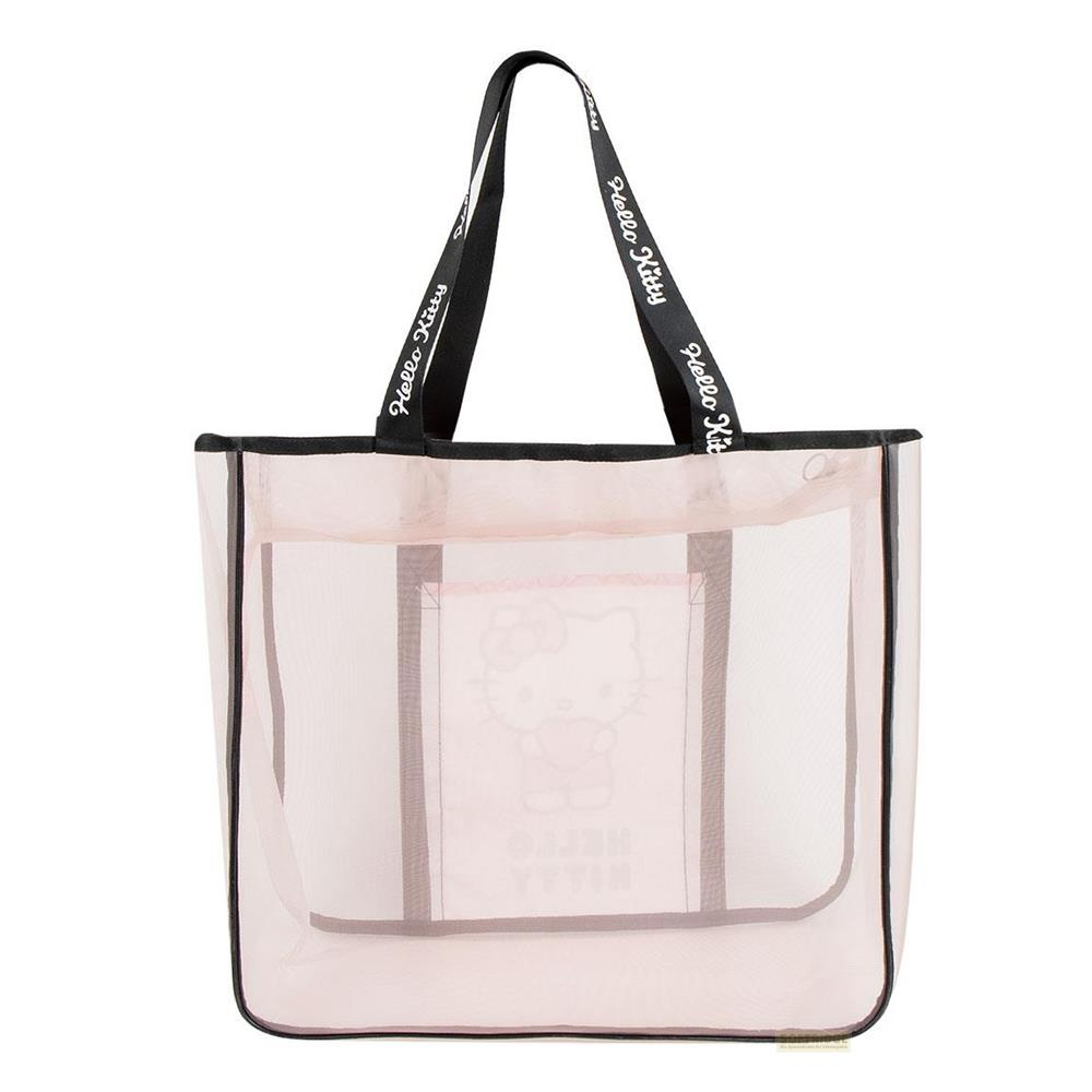 Un bolso tote de malla rosa de Hello Kitty con ribete y asas negras.