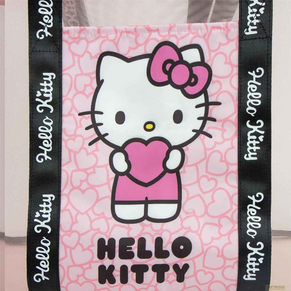 Hello Kitty sostiene un corazón frente a un patrón de corazones rosas. Correas negras con texto.