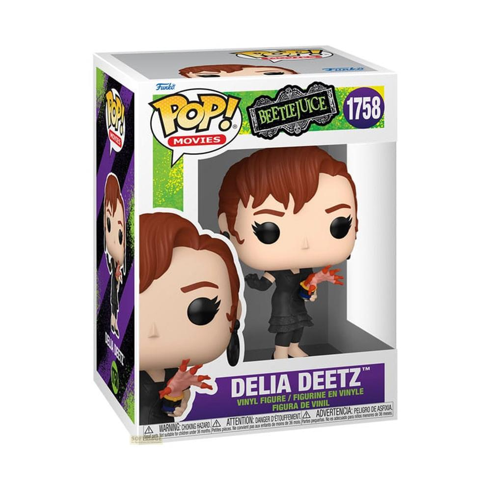 Figura Funko Pop! de Delia Deetz de Beetlejuice, sosteniendo un arma roja.