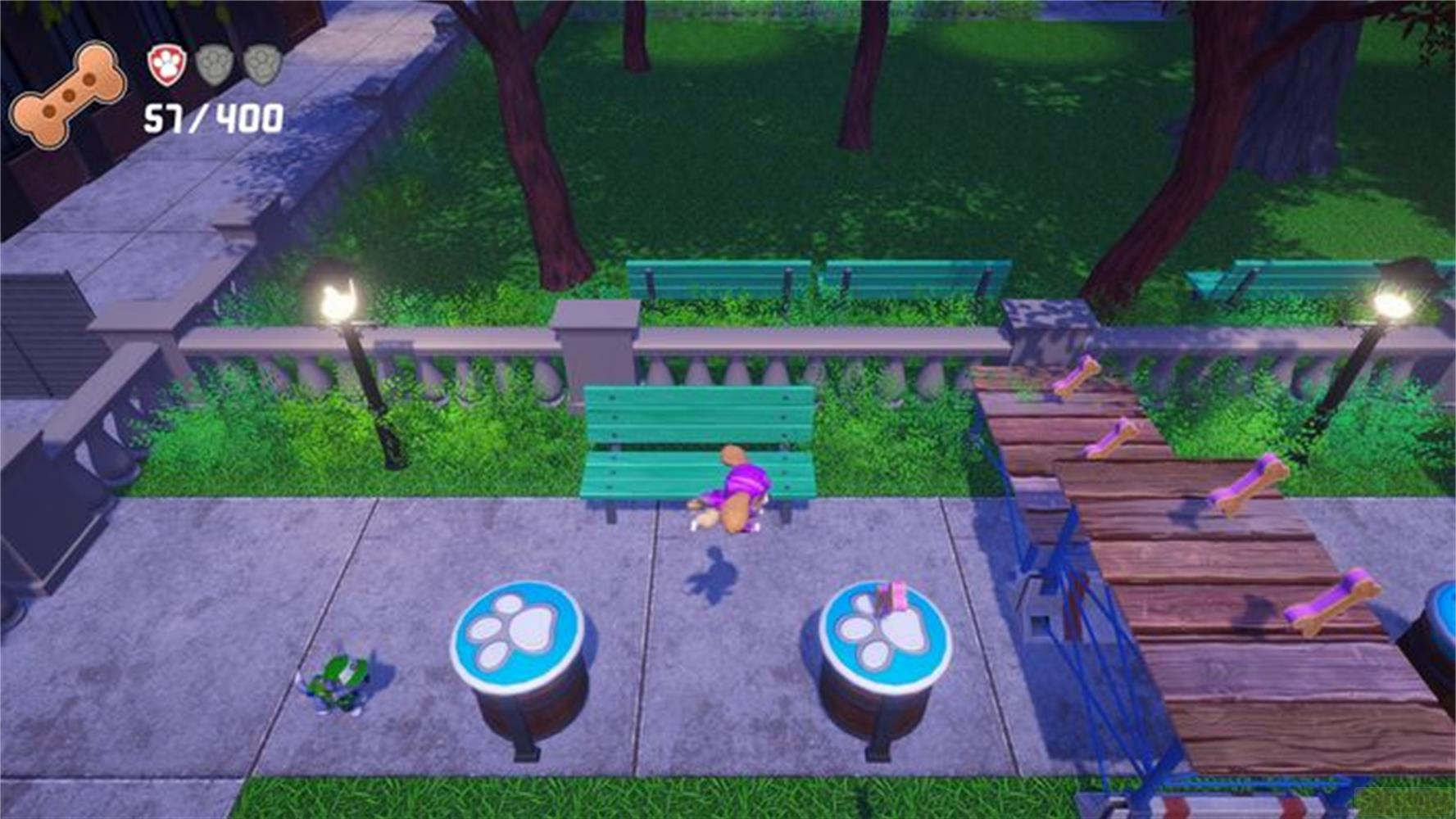 Un personnage s'assoit sur un banc dans un parc avec des os sur une rampe en bois.