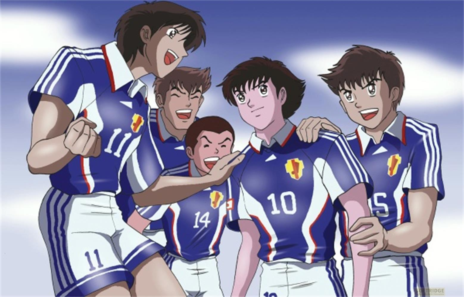 Cinque calciatori anime in maglie a righe blu e bianche festeggiano.