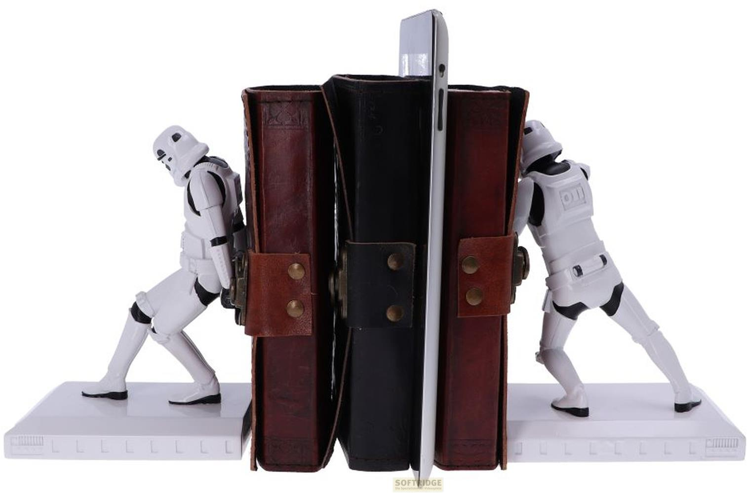 Stormtrooper boekensteunen houden bruine en zwarte notitieboekjes vast op een witte basis.