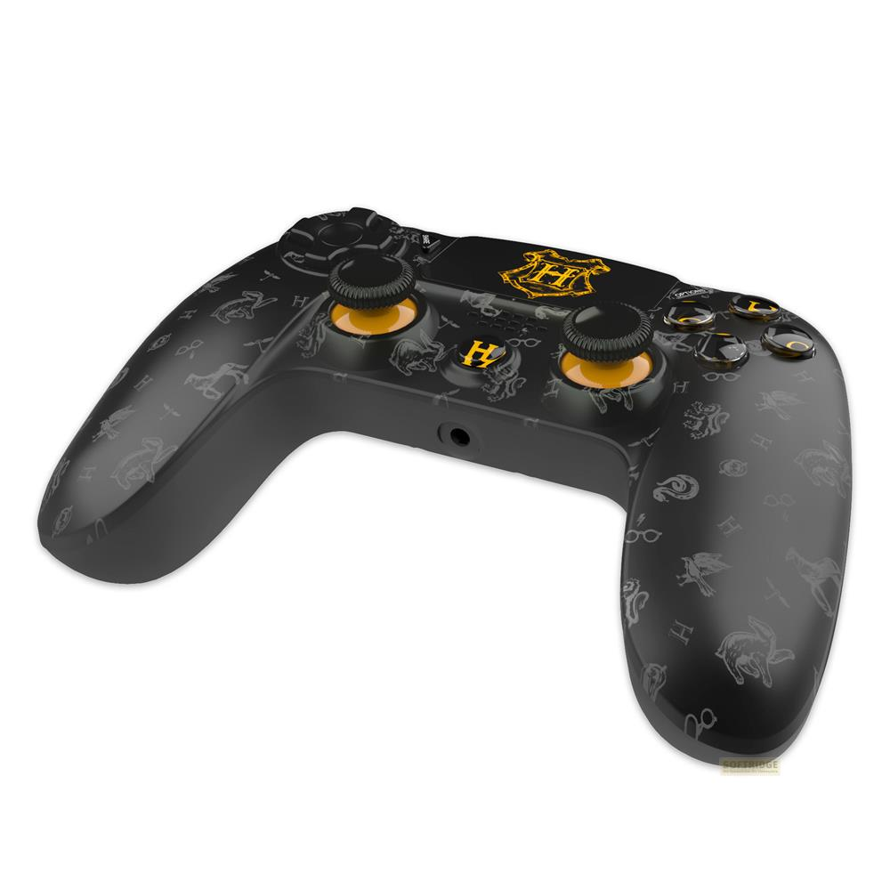 Controller nero a tema Harry Potter con accenti gialli e simboli.