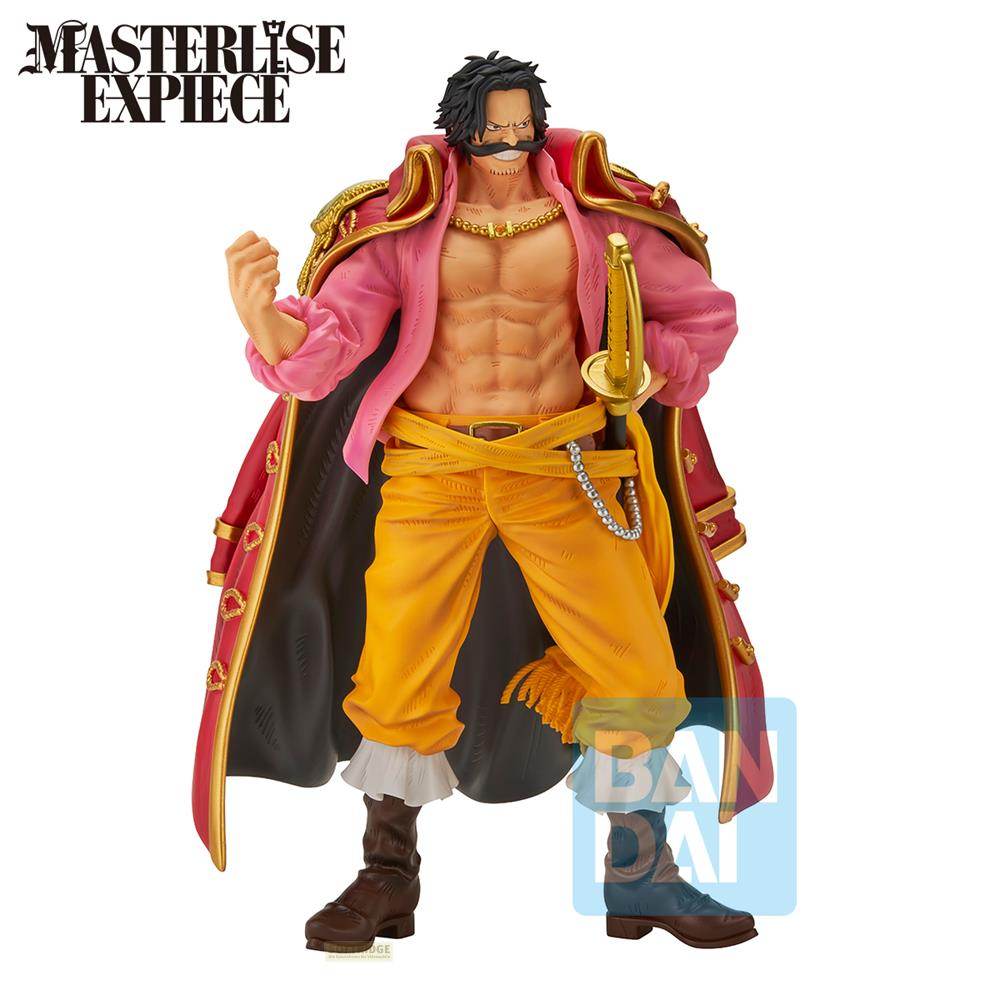 Una figura de Gol D. Roger, con abrigo rosa, pantalón amarillo y botas marrones.