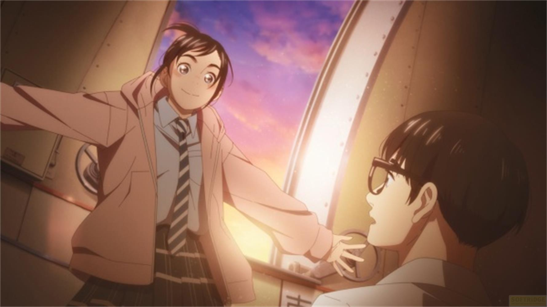 Due personaggi anime si fronteggiano. Uno indossa una felpa rosa e una gonna a quadri.