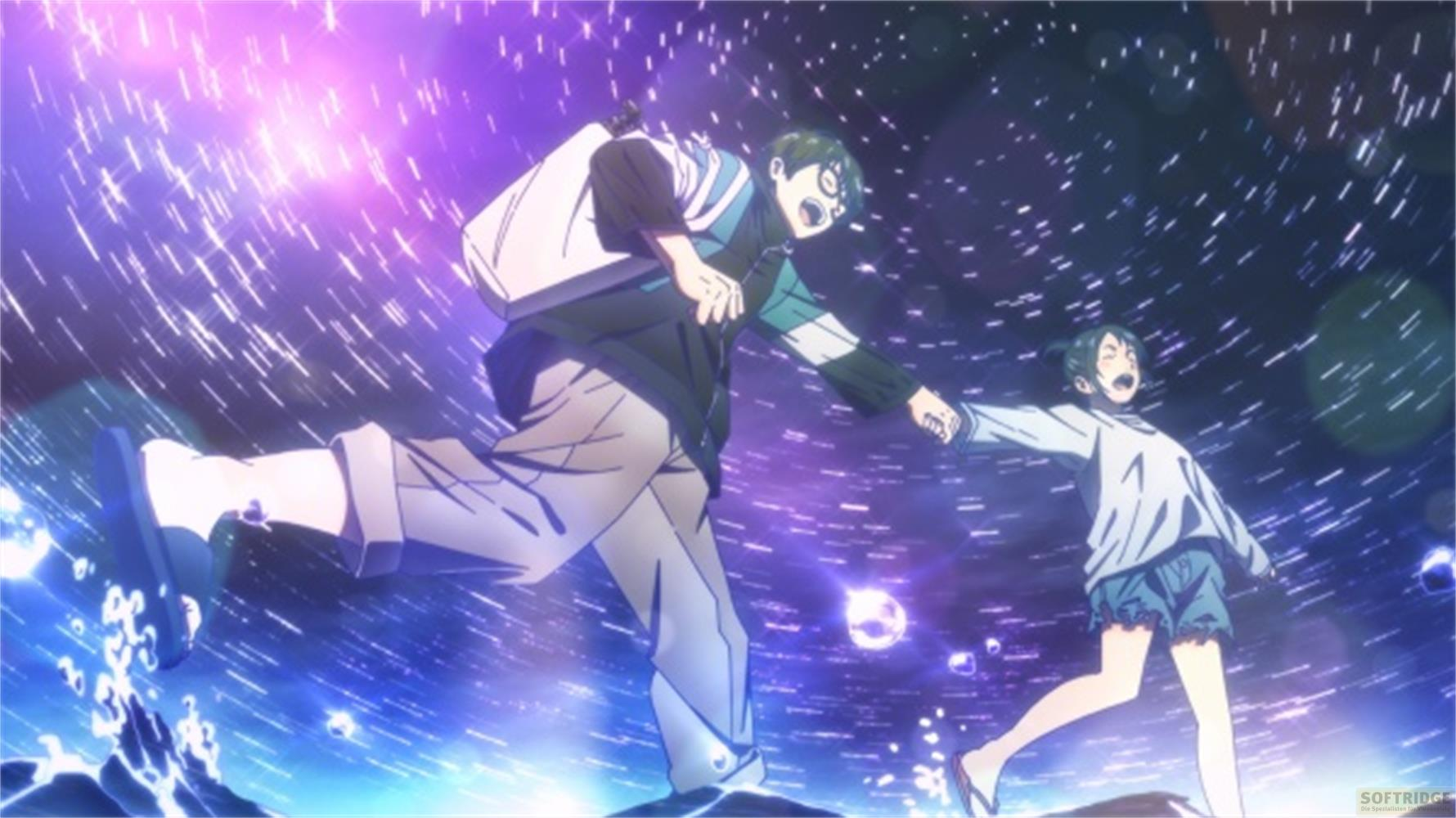 Due personaggi anime corrono su uno sfondo viola scintillante.