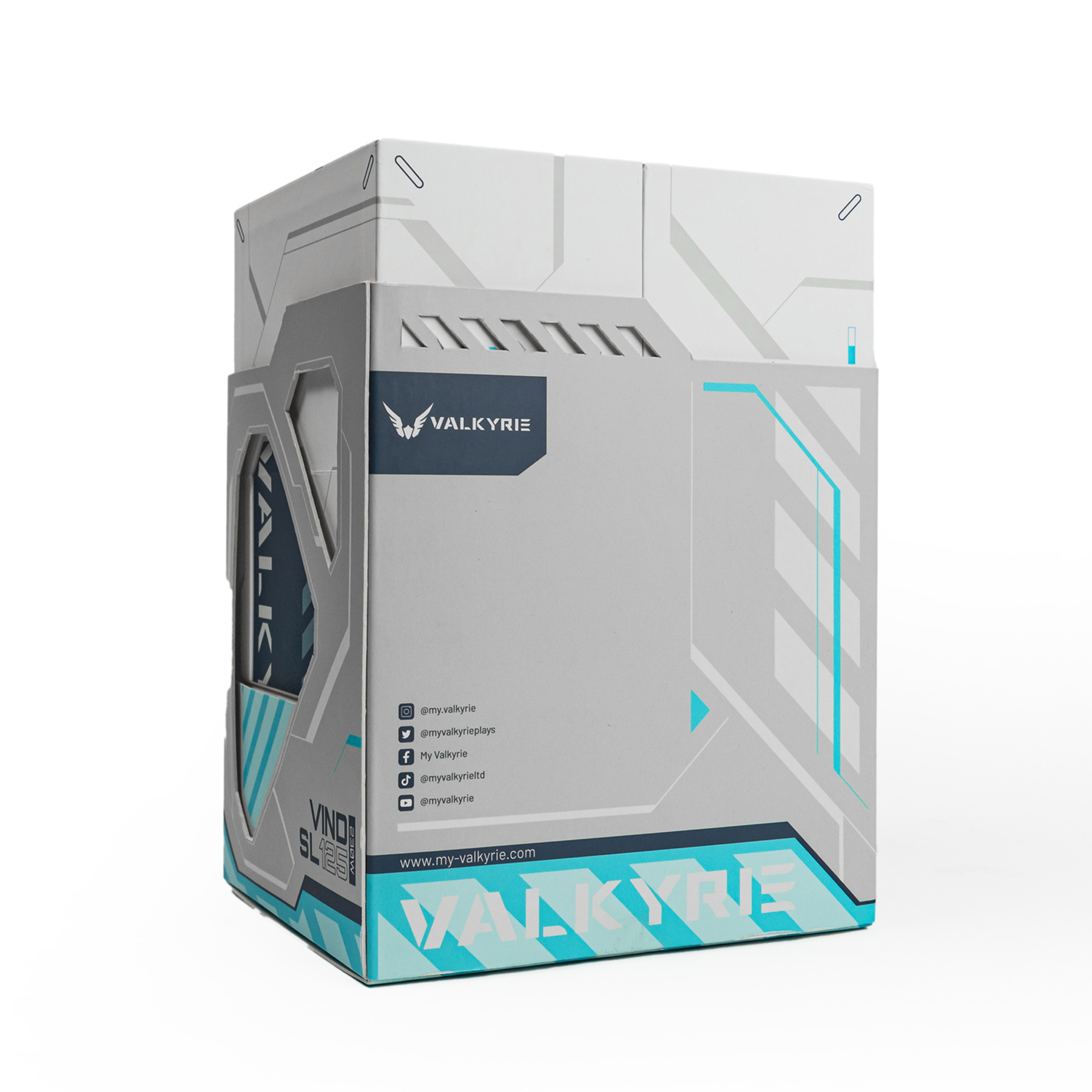 Una scatola bianca e grigia con accenti blu e il logo VALKYRIE.