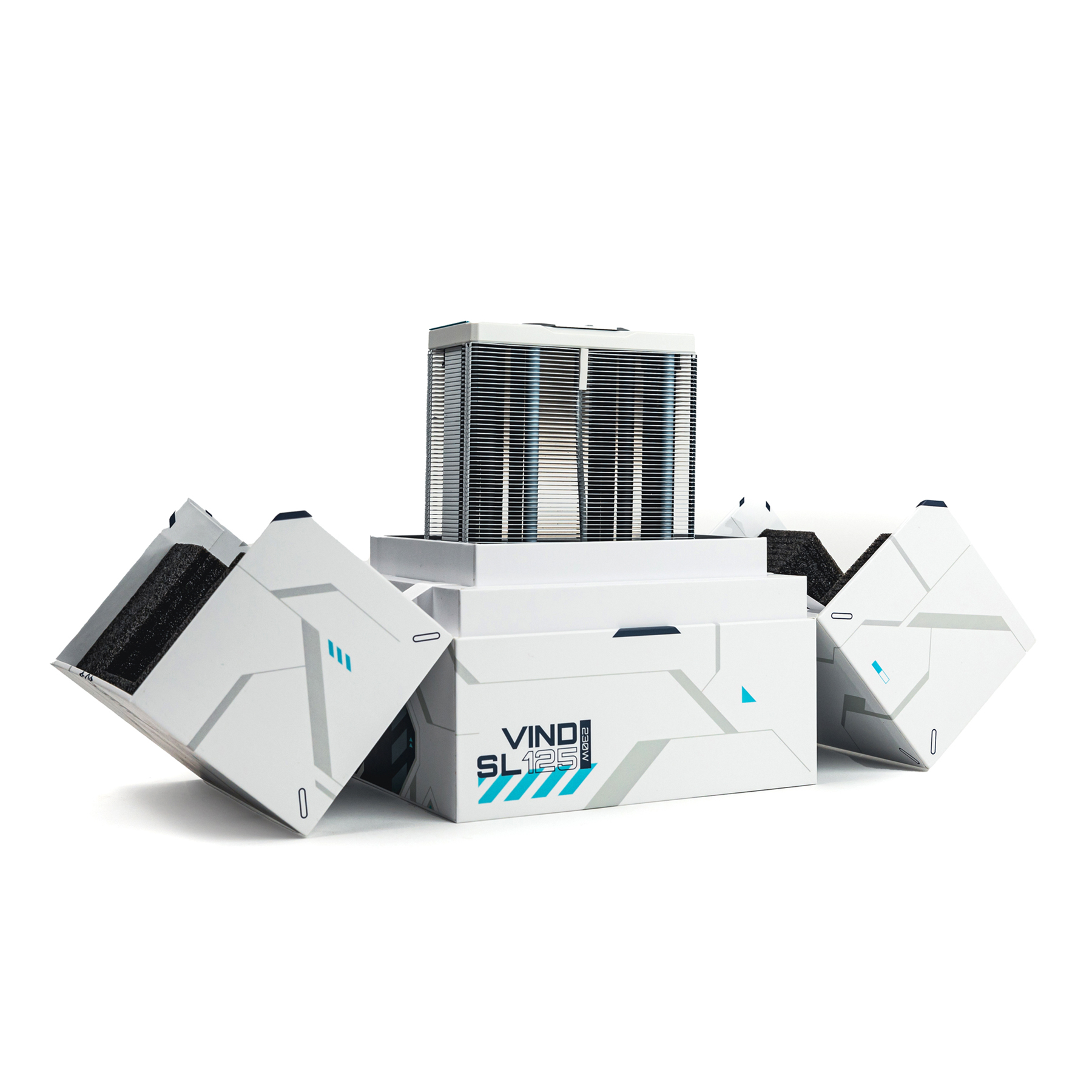 Un dissipatore CPU bianco su confezione bianca con accenti blu.