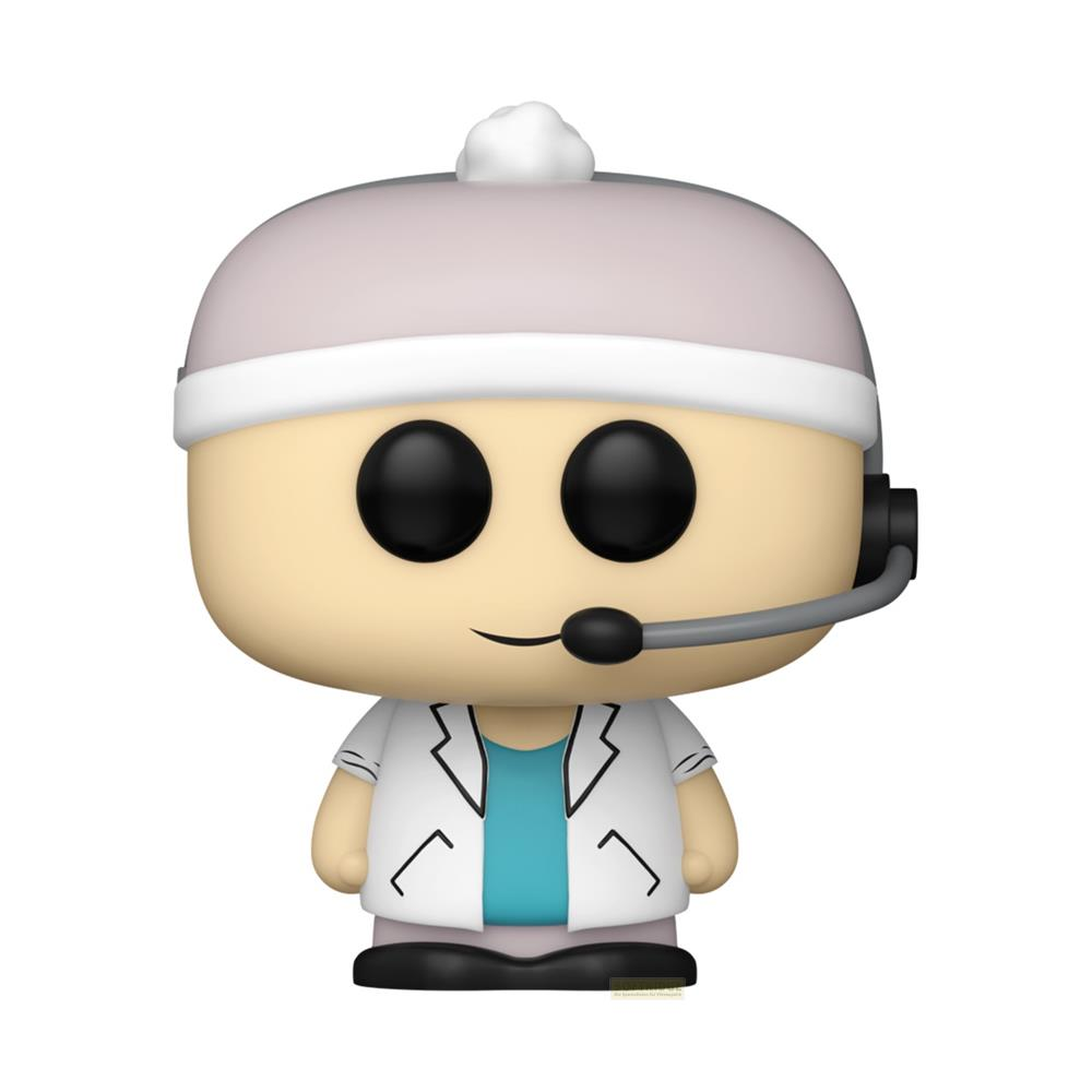 Figura stilizzata con testa beige, occhi neri, auricolare e camice da laboratorio.