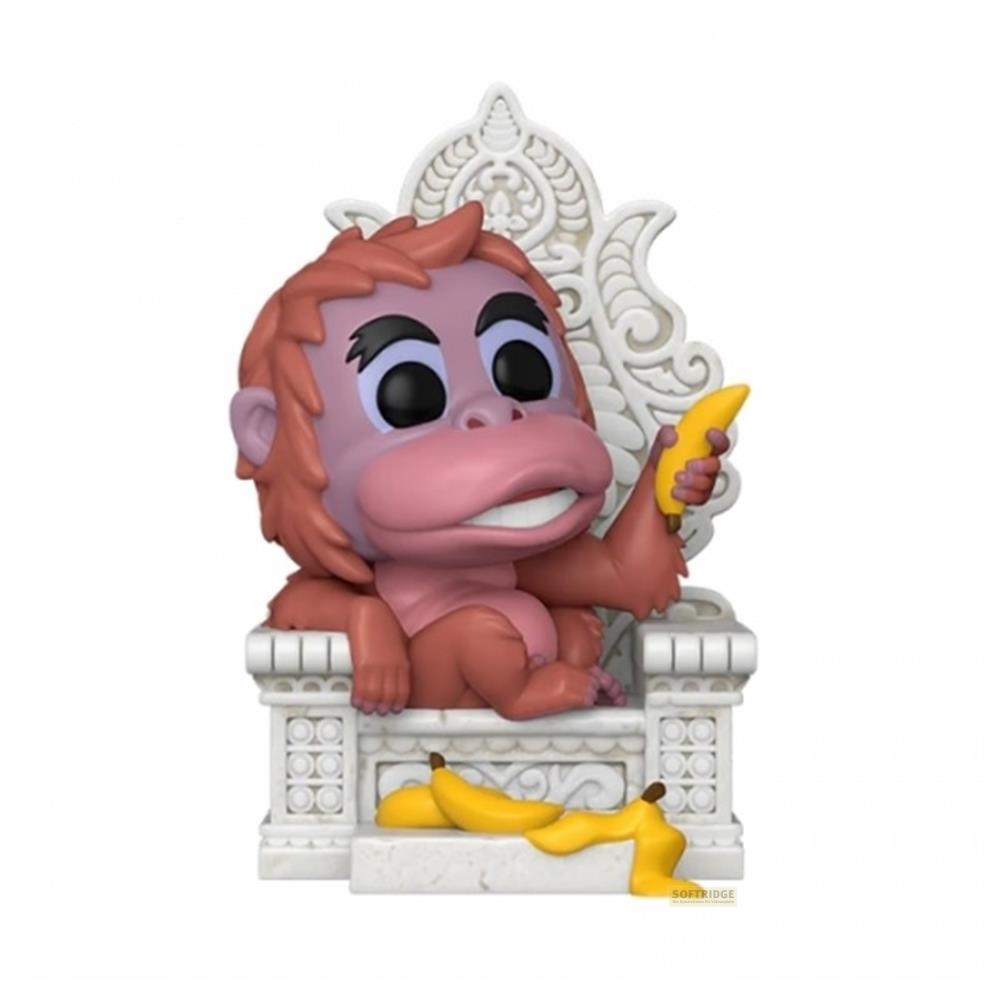 Una scimmia rosa siede su un trono, tenendo una banana.