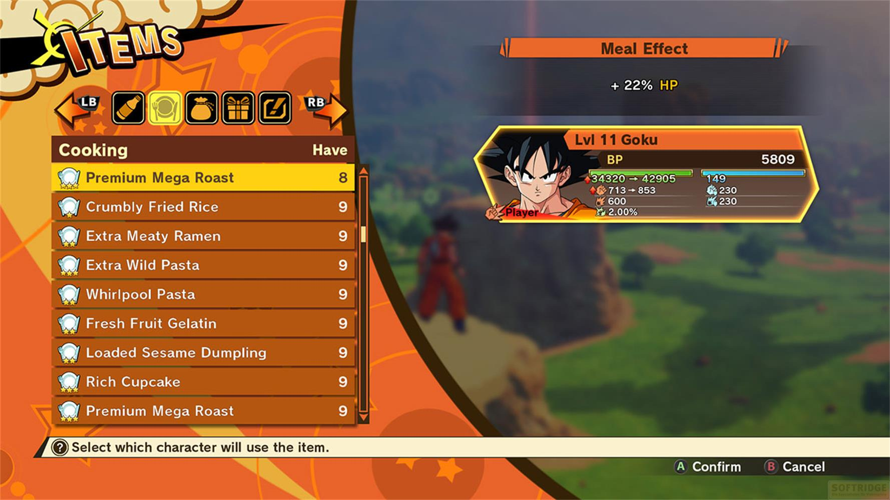 Menu Goku : liste d'objets de cuisine avec quantités. Droite : Goku Niv 11, stats, effet de repas.
