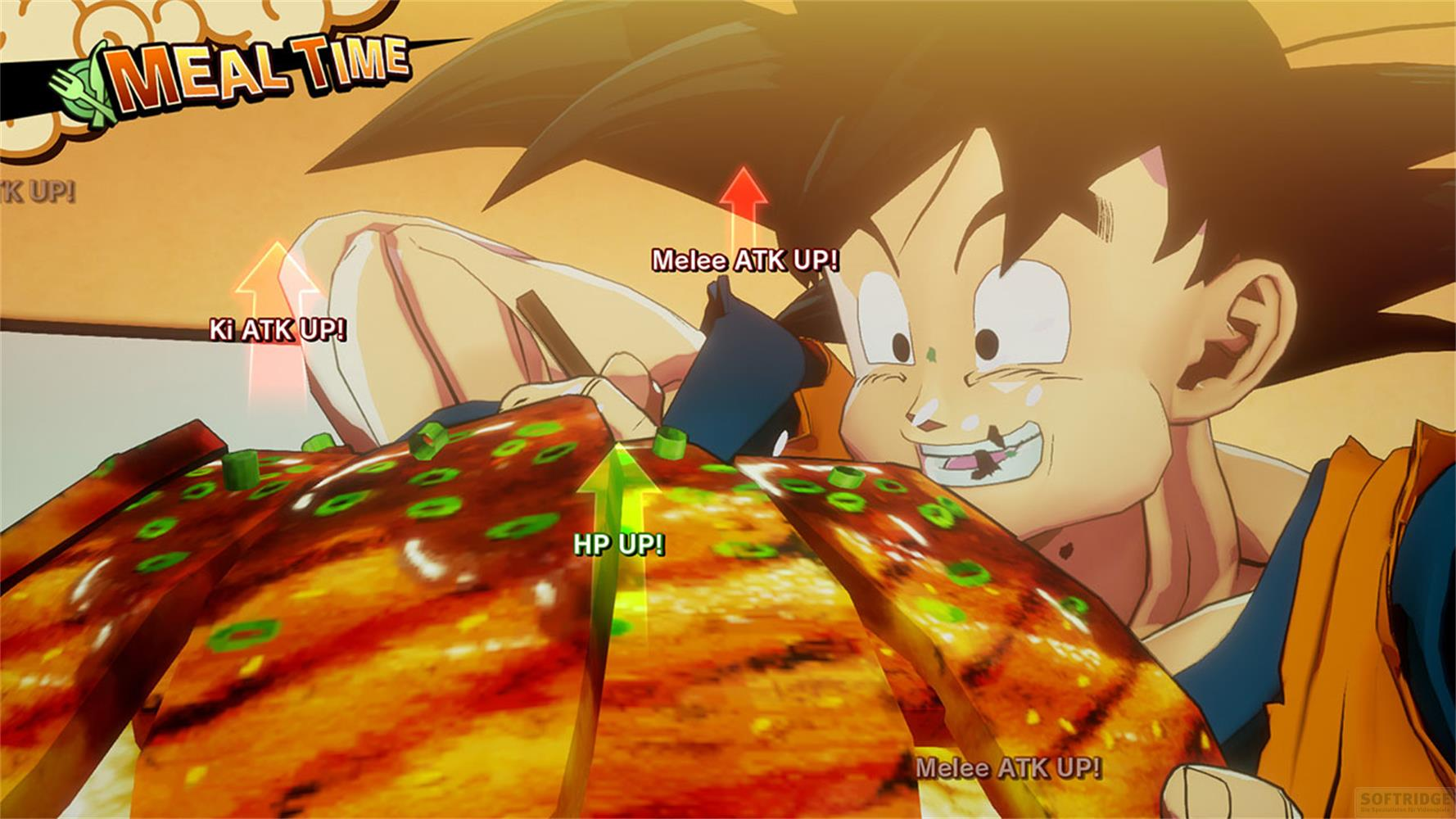 Goku mange de la nourriture qui augmente les stats. Le texte dit 'Meal Time'.