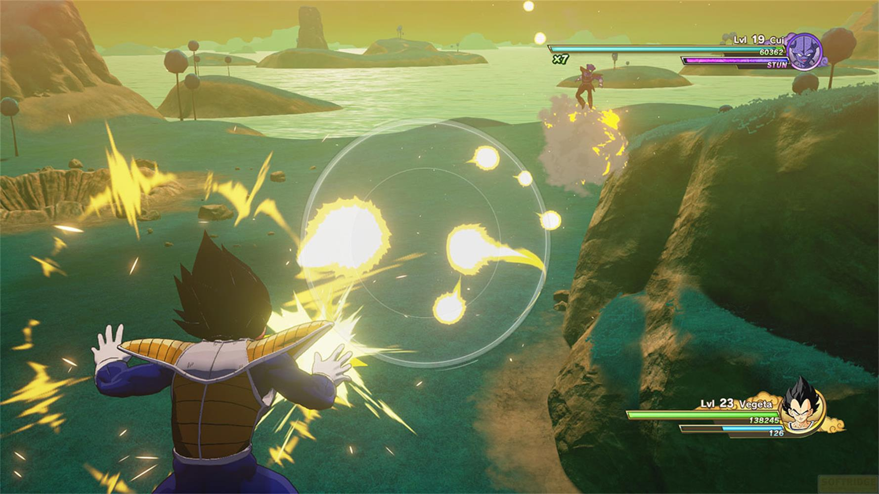 Vegeta dévie des éclairs d'énergie jaunes dans un combat, entouré de rochers.