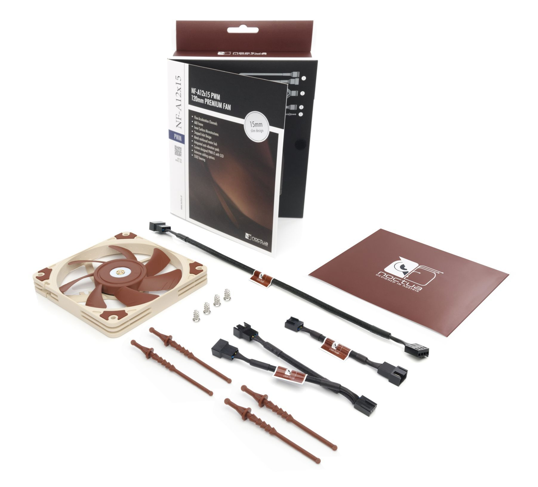 Wentylator Noctua, kable, śruby i instrukcja na białym tle.