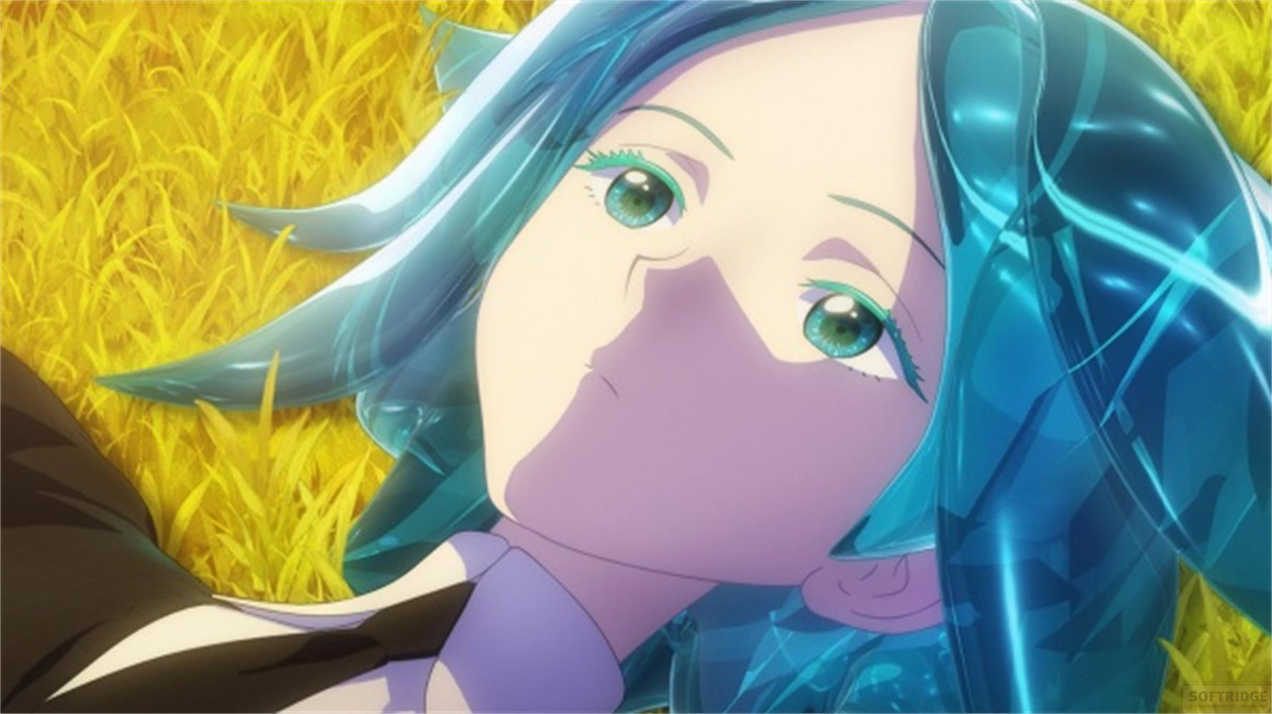 Anime-Mädchen mit türkisfarbenem Haar und Augen liegt auf gelbem Gras.