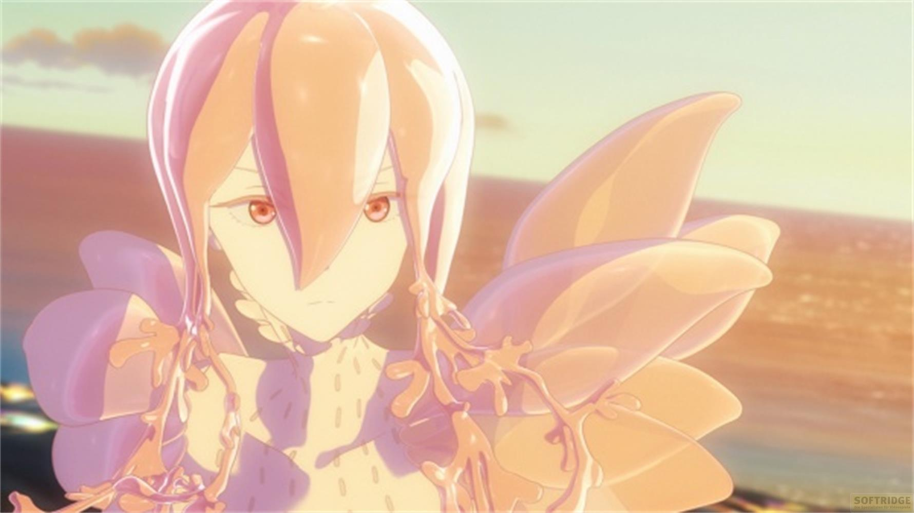 Eine Anime-Figur mit pastellfarbenen, blütenartigen Elementen steht am Meer.