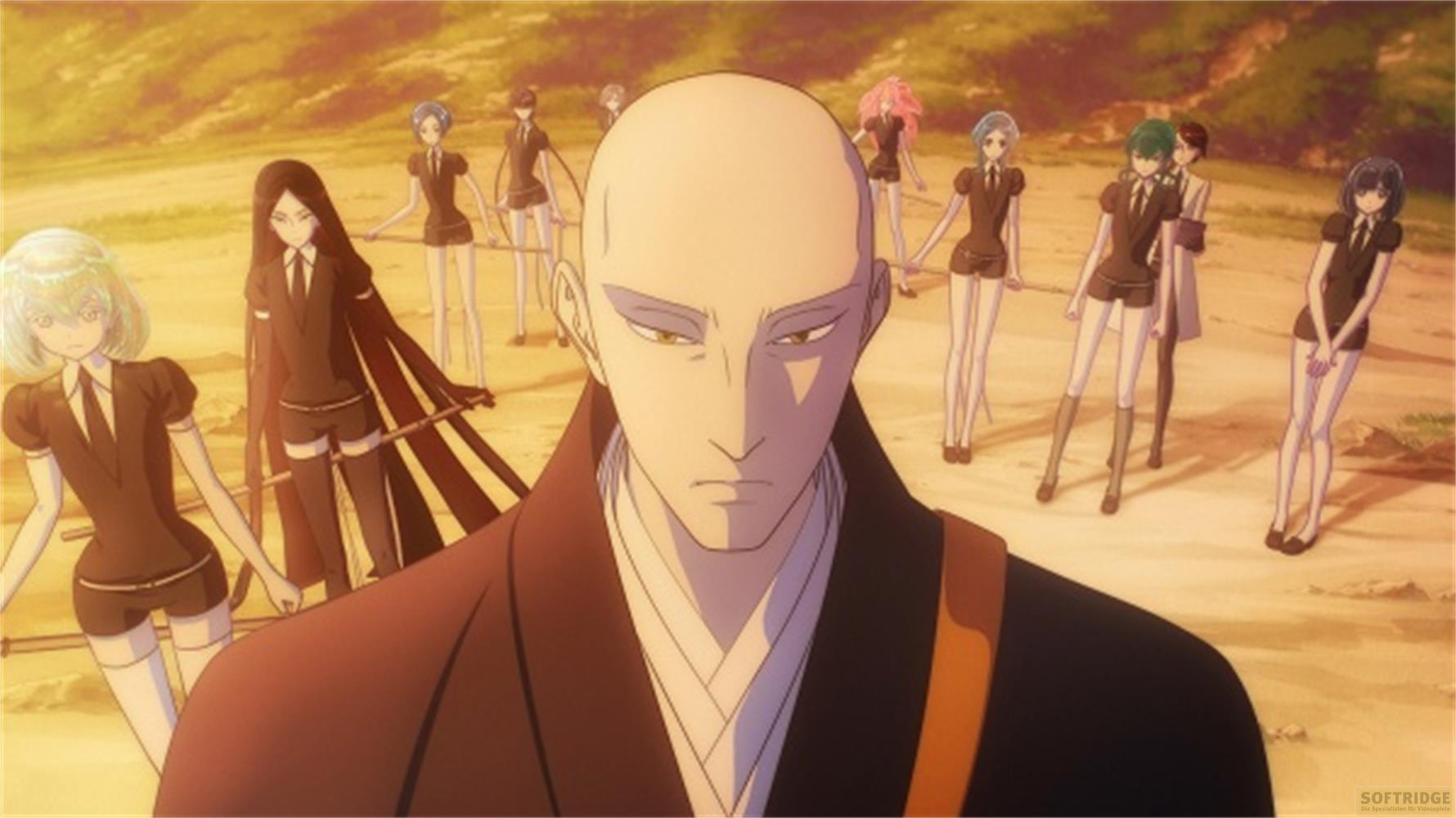 Eine Gruppe von Anime-Figuren mit hellen Haaren steht auf einem sandigen Feld.