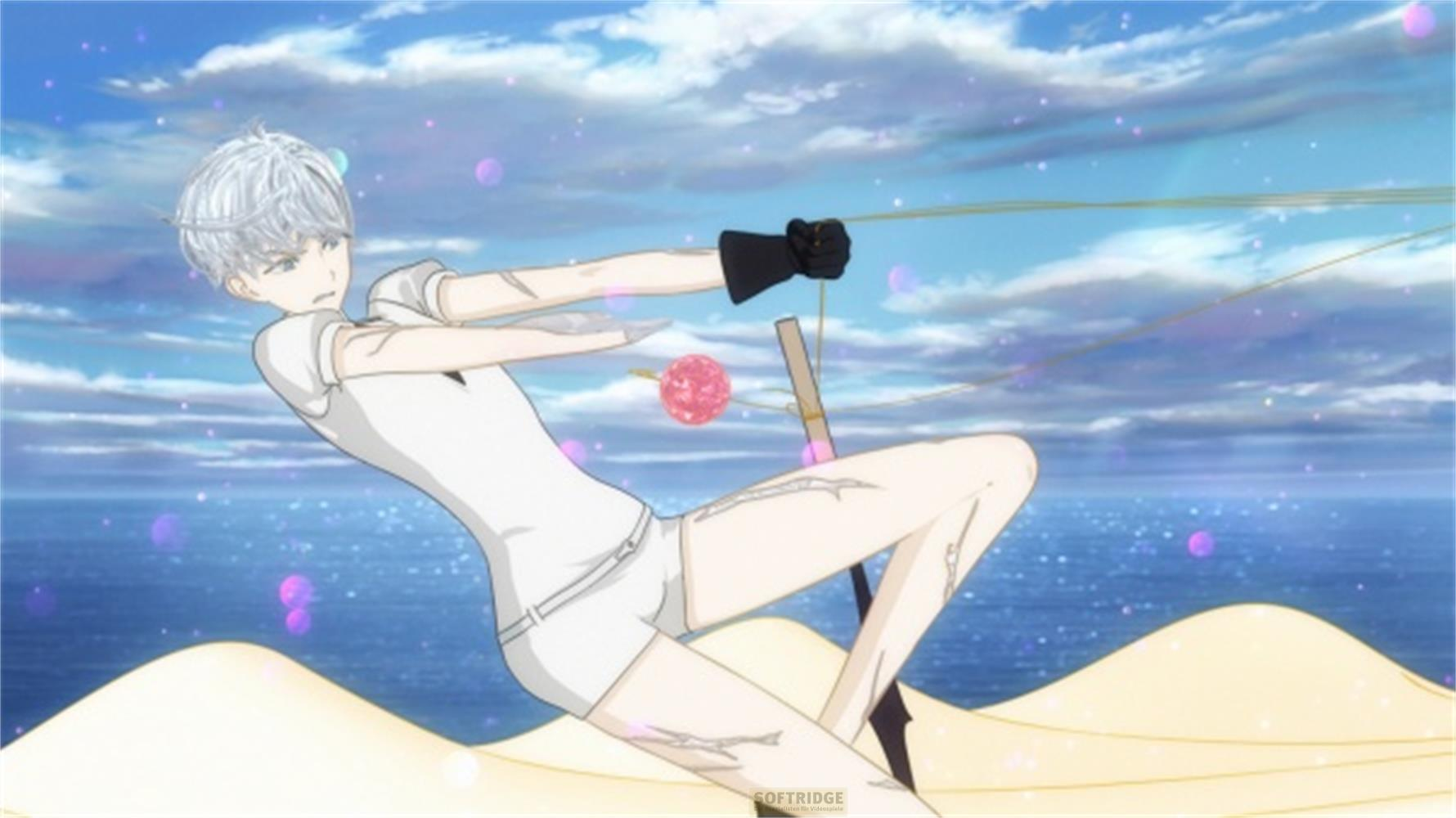 Ein Anime-Charakter mit weißen Haaren und weißer Kleidung schießt mit einer Schleuder.