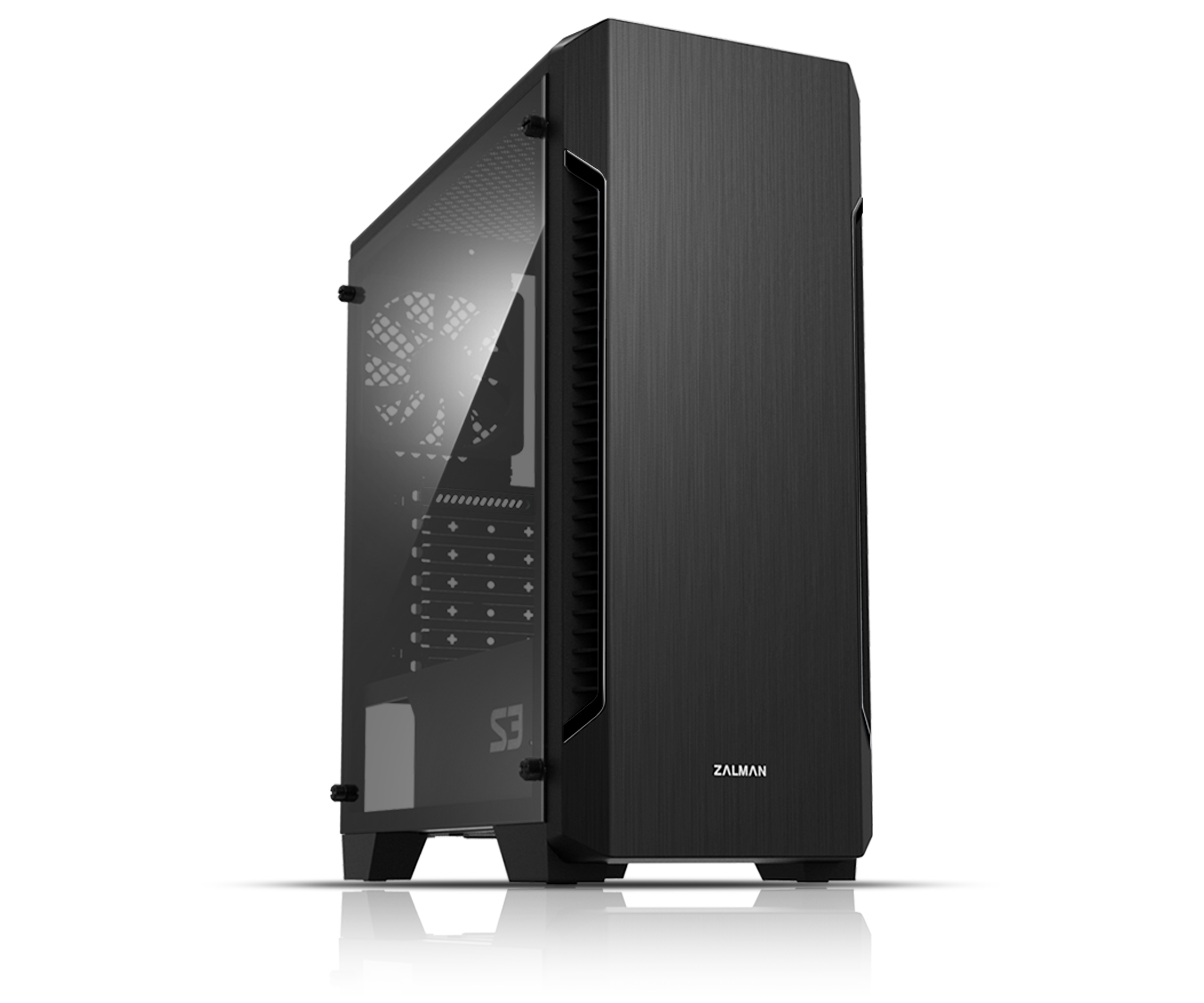 Case del computer nero con finestra in vetro e pannello frontale spazzolato.